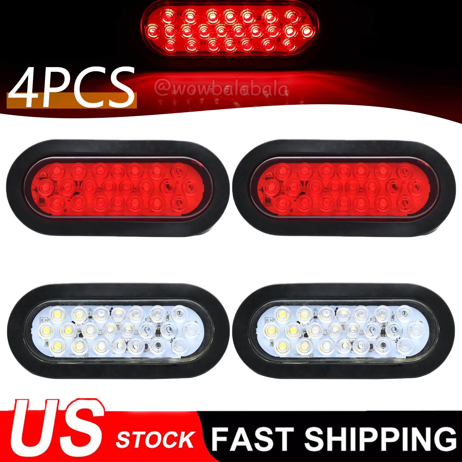 6″ Inch Oval 24 LED Stop Turn Reverse Backup Tail Truck Light Kit- 2 White+2 Red