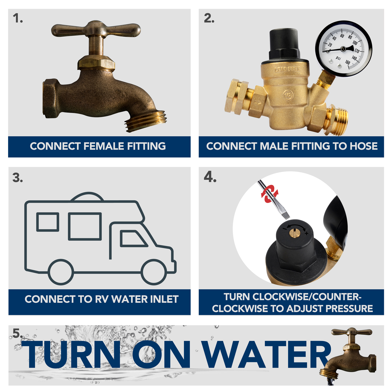 RV Adjustable Water Pressure Regulator With Gauge for Camper Brass Lead Free LCW