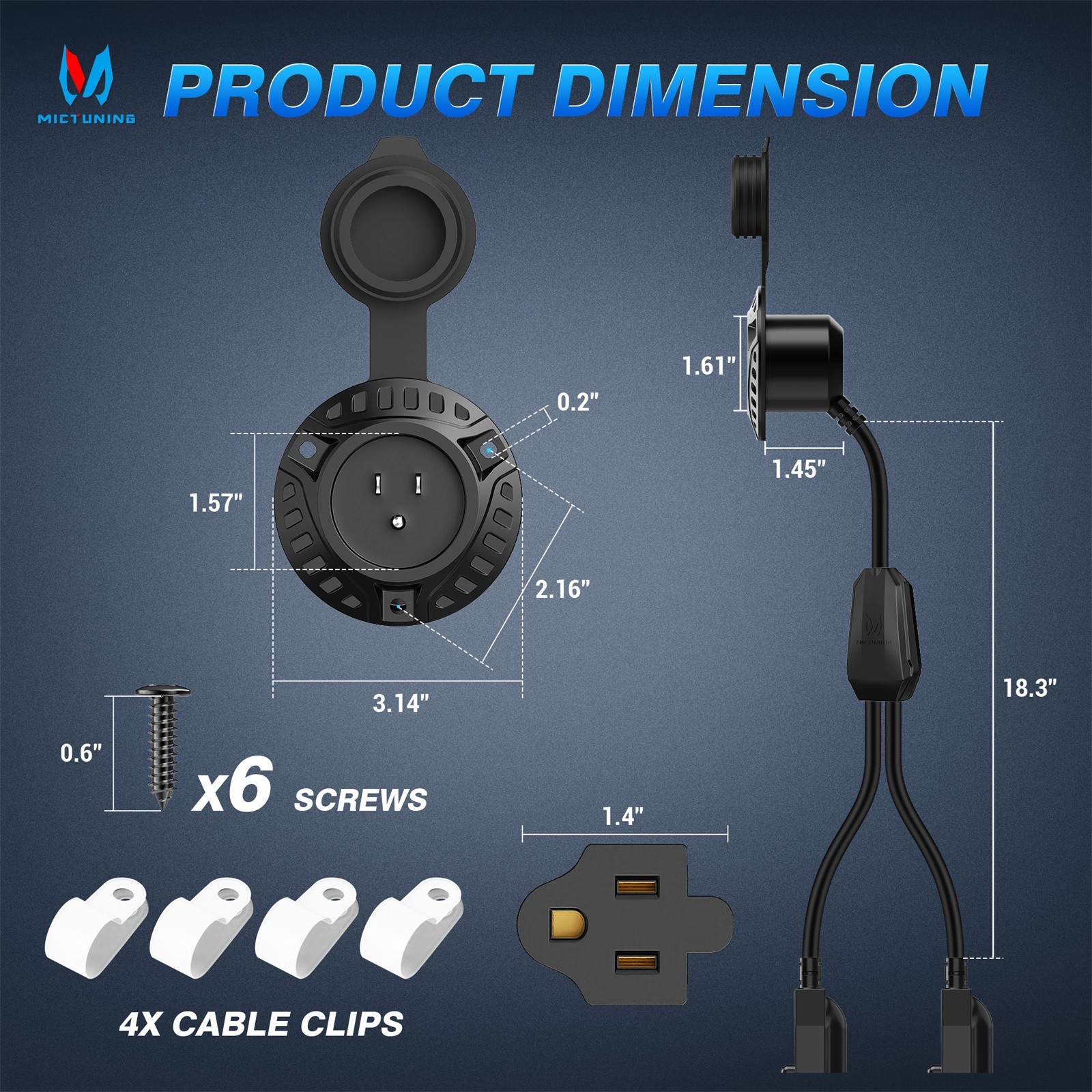15A 125V AC Port Plug RV Shore Power Inlet Socket with Integrated Extension Cord