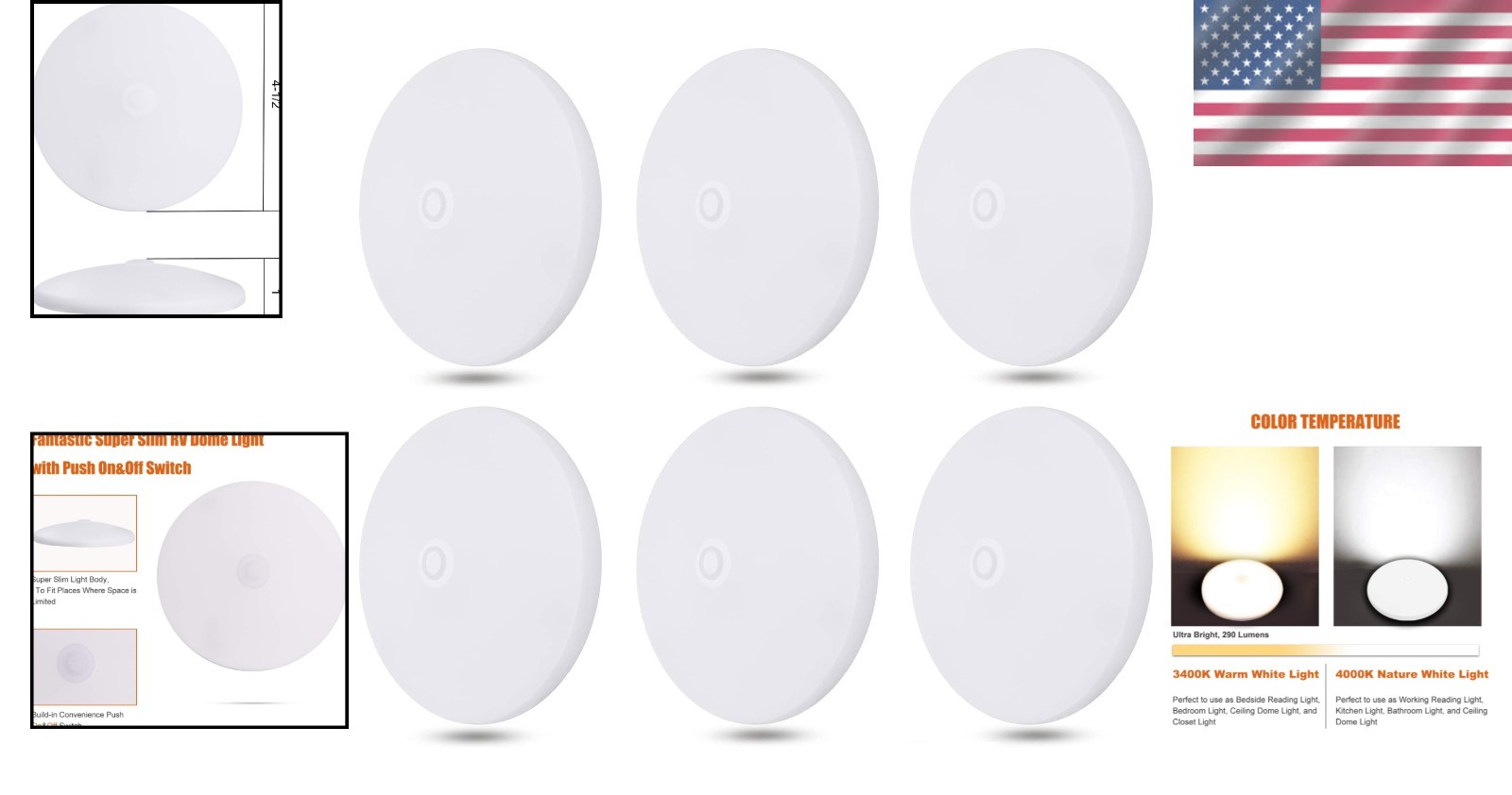 Slim RV Puck Lights 6-Pack 12V 4.5″ 4000K Cool White LED Interior