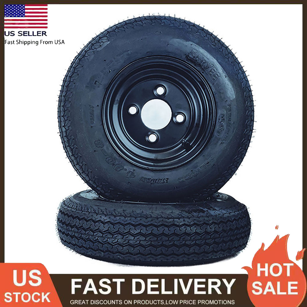 2Pcs Trailer Tires & Rims 4.80-8 480-8 4.80 X 8 Load Range B 4 Lug Black Wheel