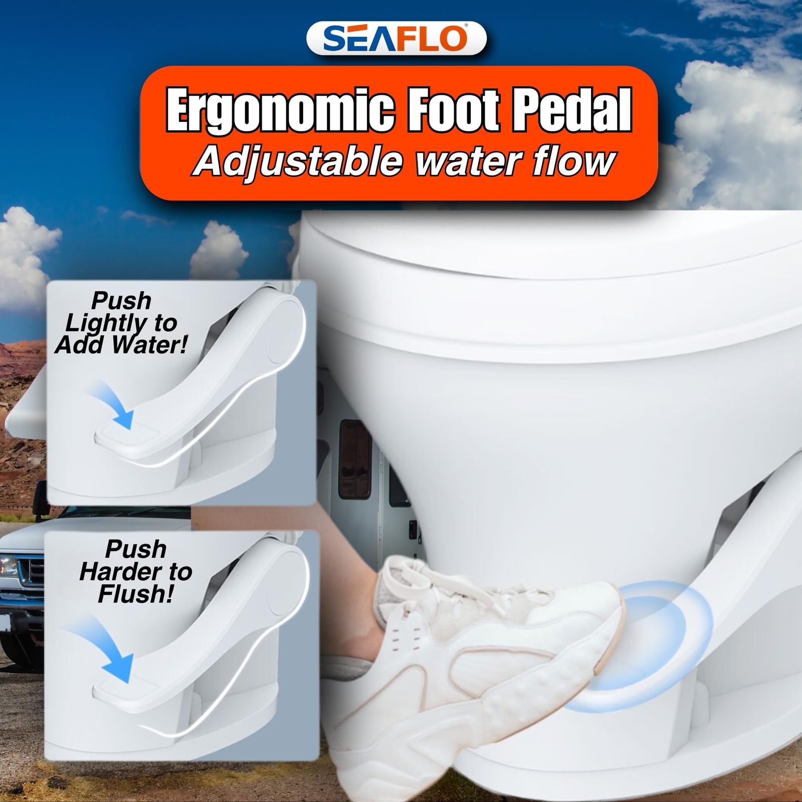 SEAFLO RV Toilet 18.5″ Standard Height Foot Pedal Soft Close 4-Year Warranty