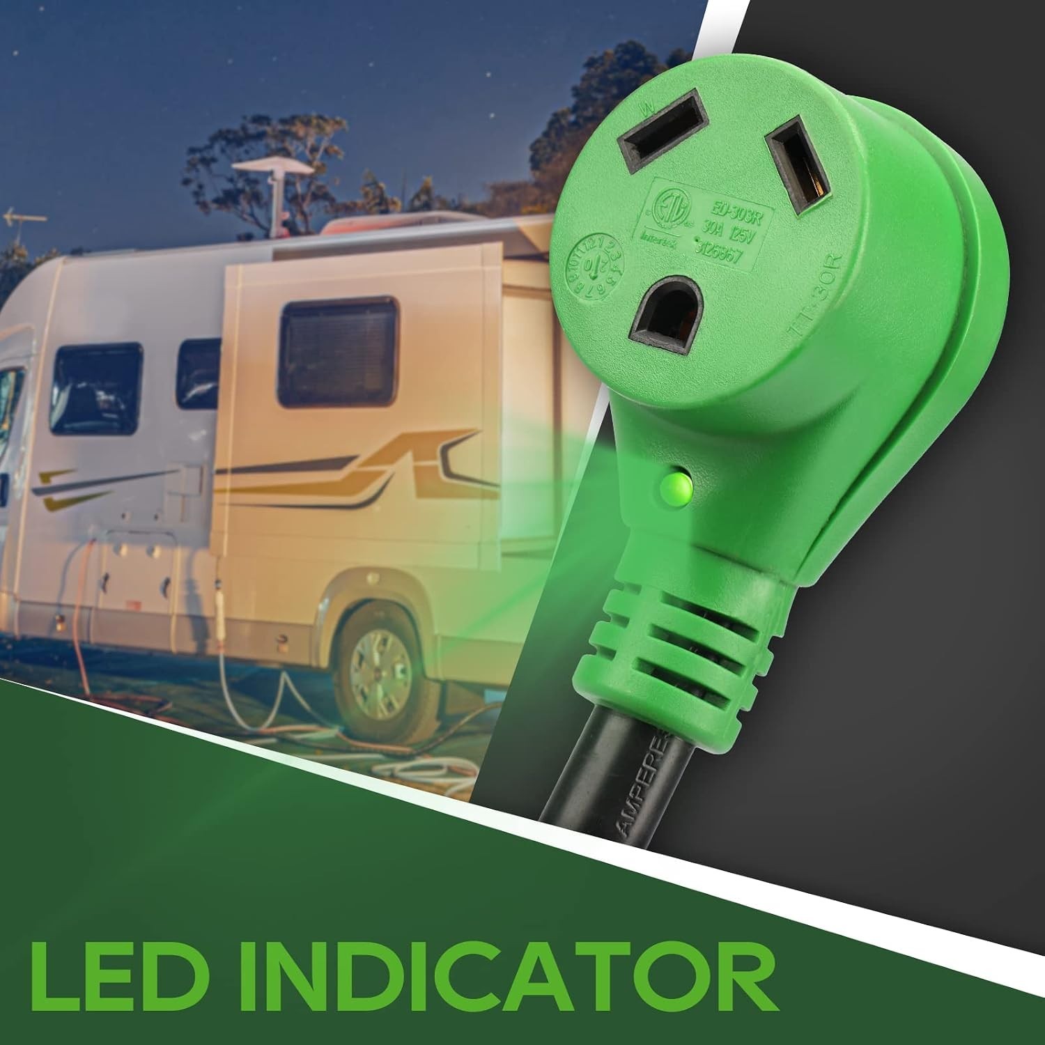Heavy-Duty RV Power Adapter Cord – 30 Amp 12-Inch with Built-In LED Indicator
