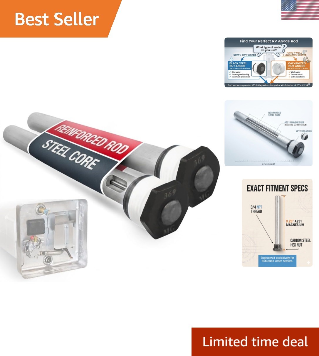Two Pack RV Water Heater Anode Rods | Corrosion-Resistant for Suburban NPT Tanks