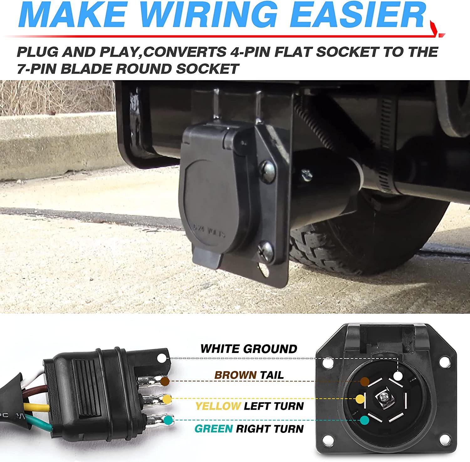 MICTUNING Flat 4 Way to 7 Pin Round Blade Trailer Adapter Wiring Plug Connector