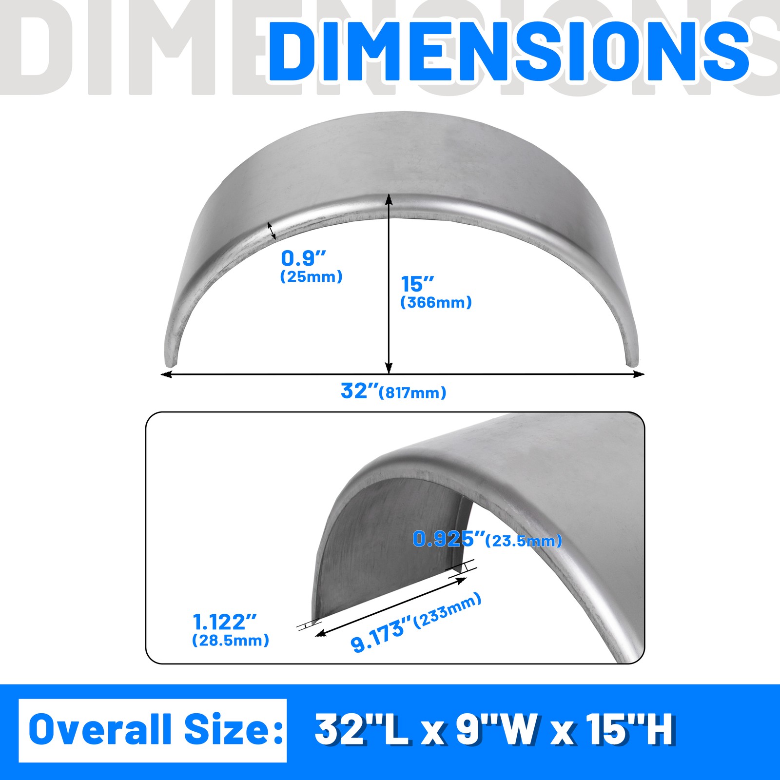 1 Pair of Round Trailer Fenders 14″-16″ wheels & Fender backs 32” x 9” x 15”