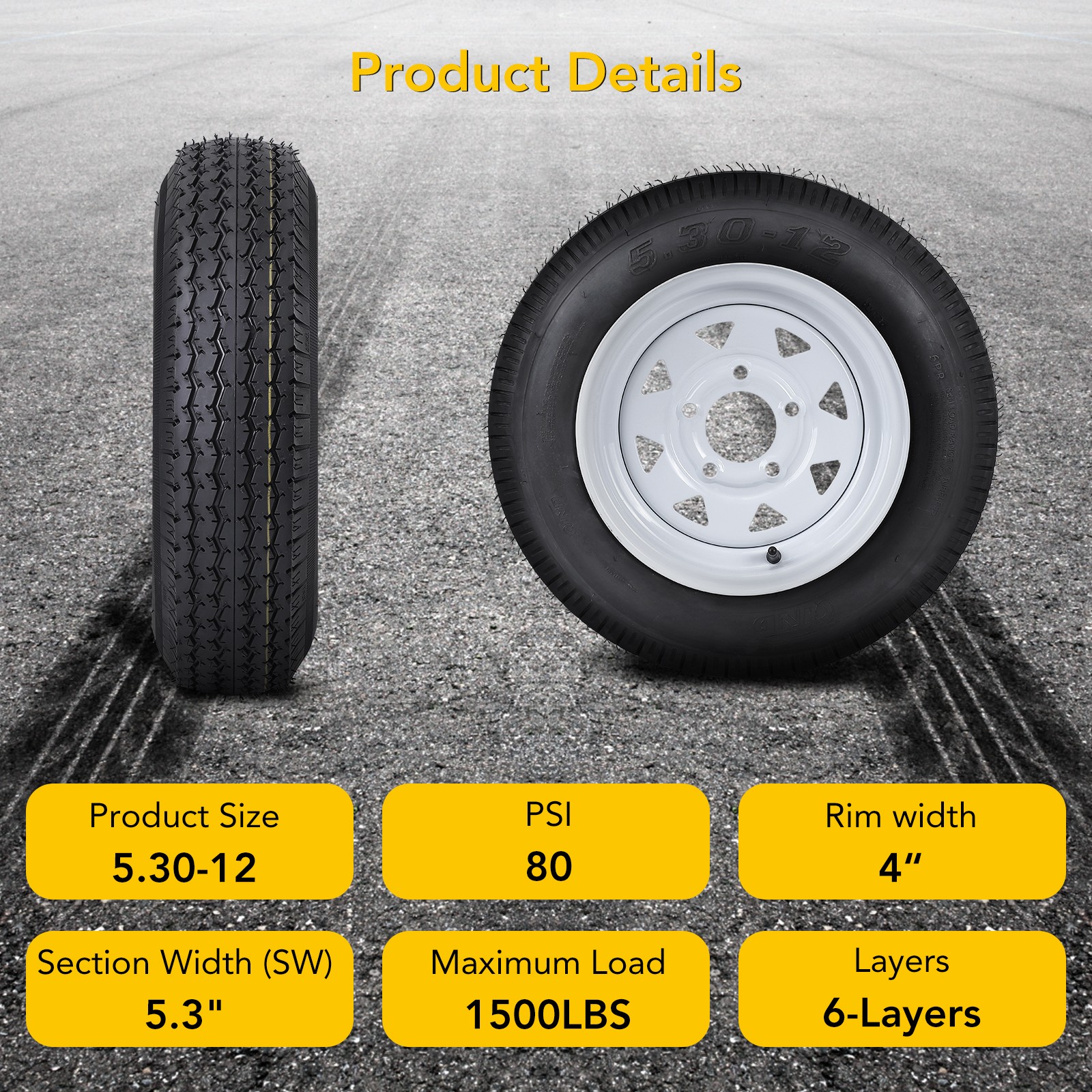 2 Trailer Tires For Light Trailer Replacement 5.30-12 6PR QD712/S 5-bolt Pattern