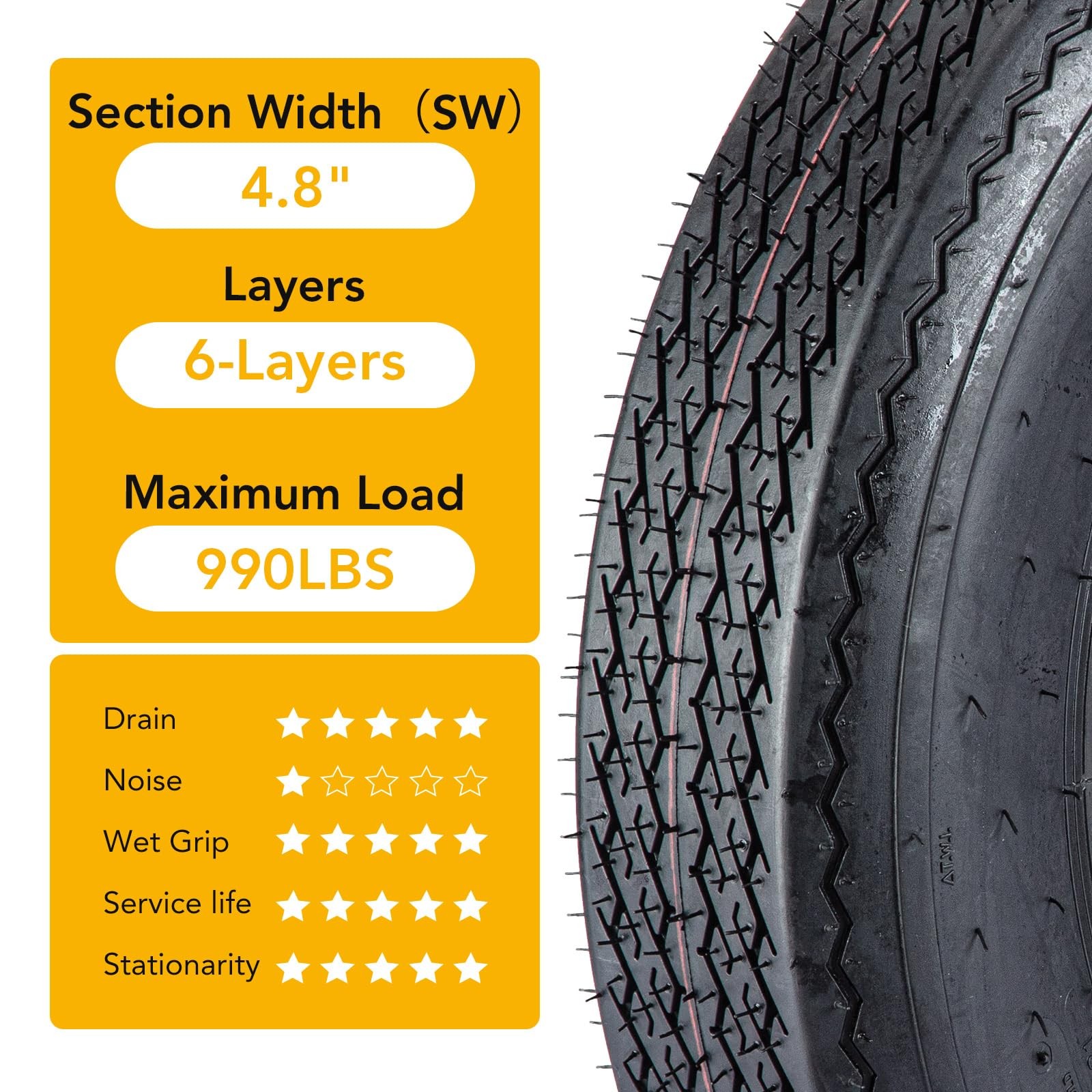 All-Season 4.80-12 Set of 2 Radial Trailer Tires 6PR Load Range C Fit 12″ Rims