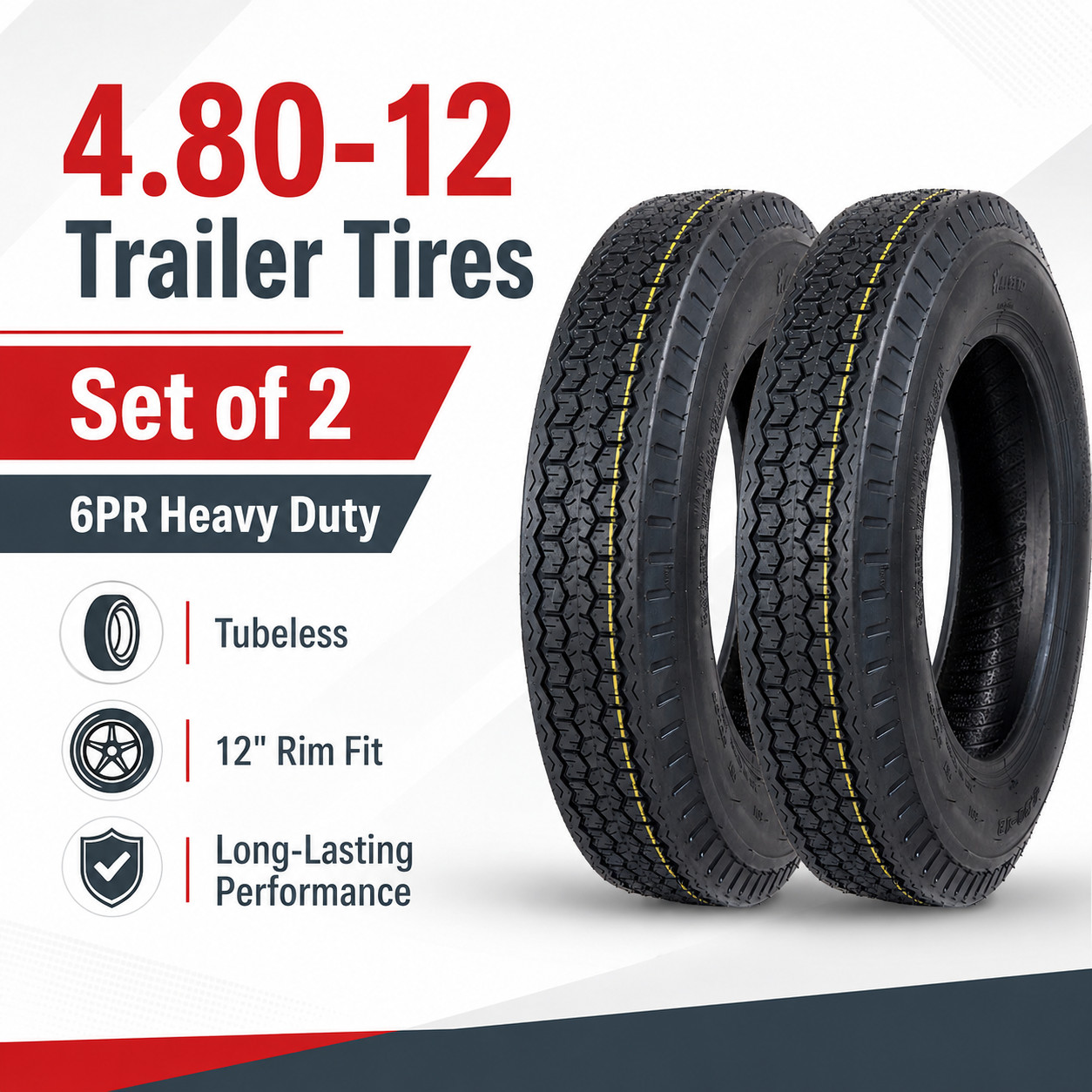 2-Pack 4.80-12 Boat Trailer Tires 4.80×12 6 Ply Load Range C Heavy Duty Tubeless