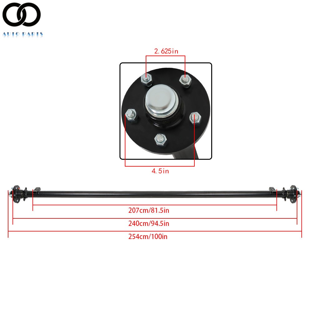 3.5K Trailer Axle 5 lug 5 on 4.5″ 95″ HF 80″ Spring Center 82″ with U-Bolt Kit