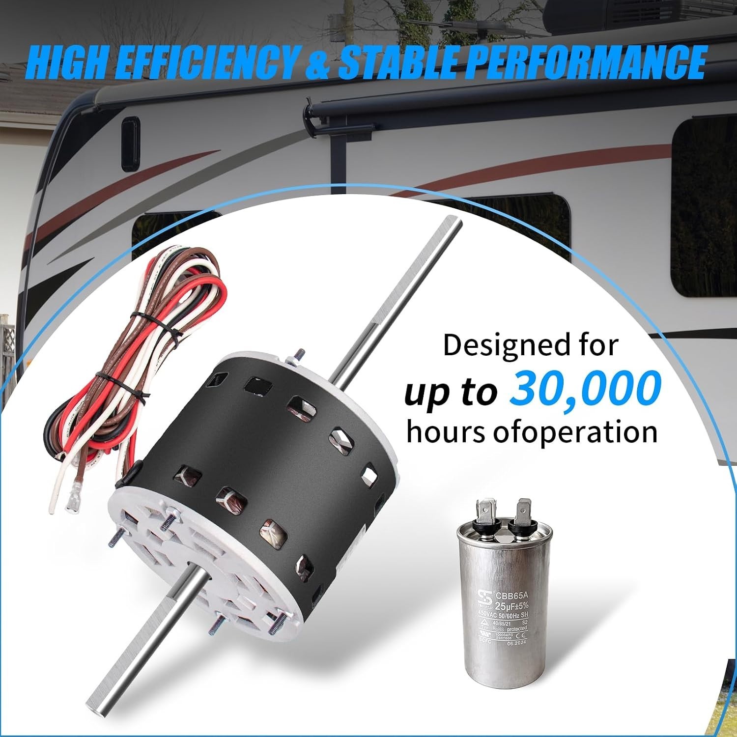 RV AC Fan Motor with Capacitor 1/3 HP 115V, Compatible with Coleman Mach Models
