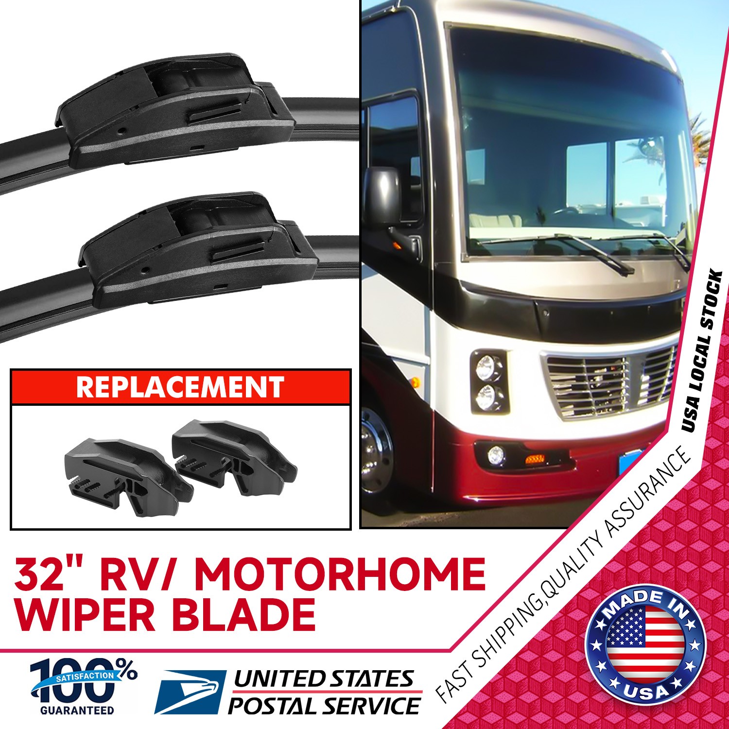 High Quality Rubber 32″ All-season Silent Wiper Blade Pair For RV/Motorhomes NEW