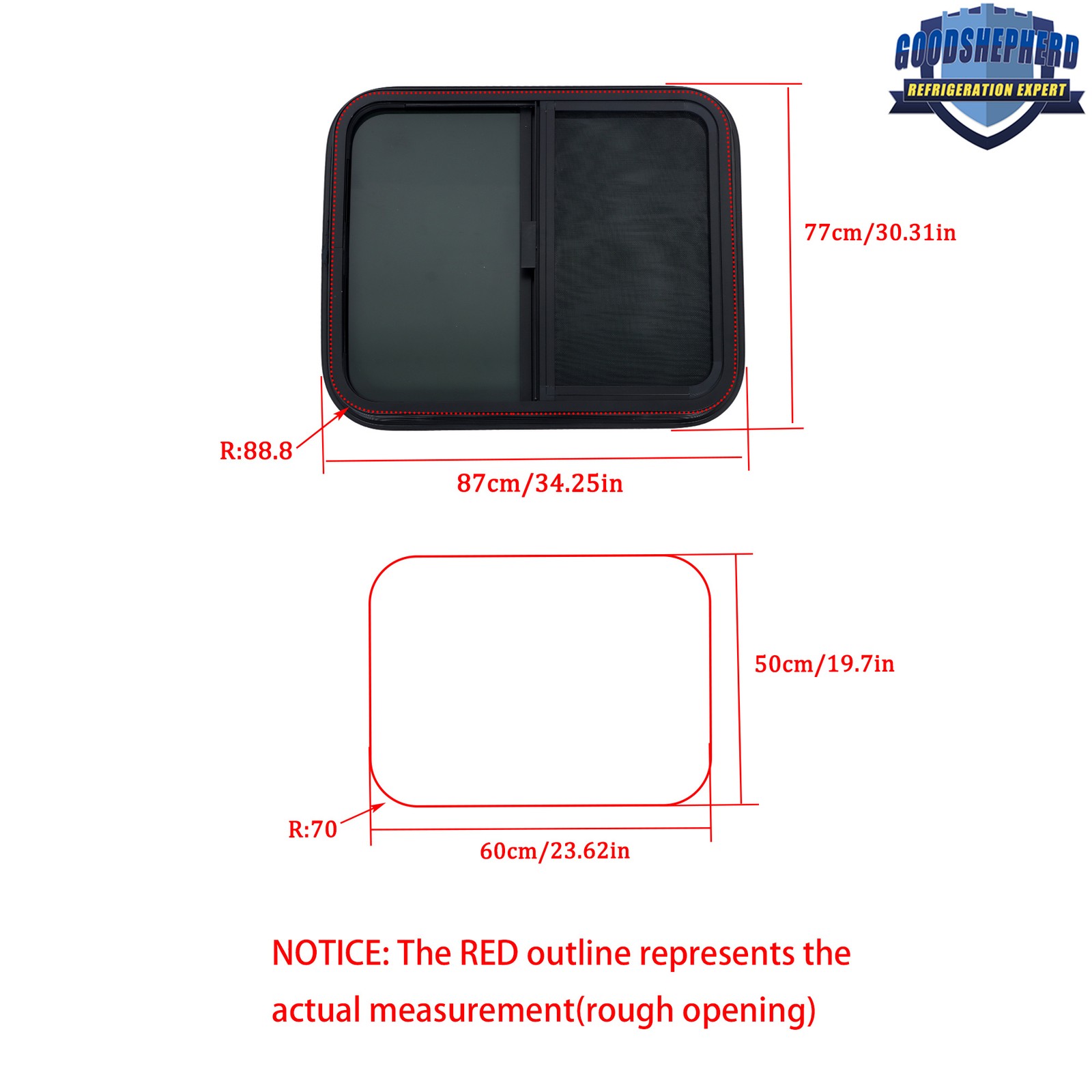 Universal RV Horizontal Sliding Window w/Trim Ring Black 24″~48″W × 15″~22″H
