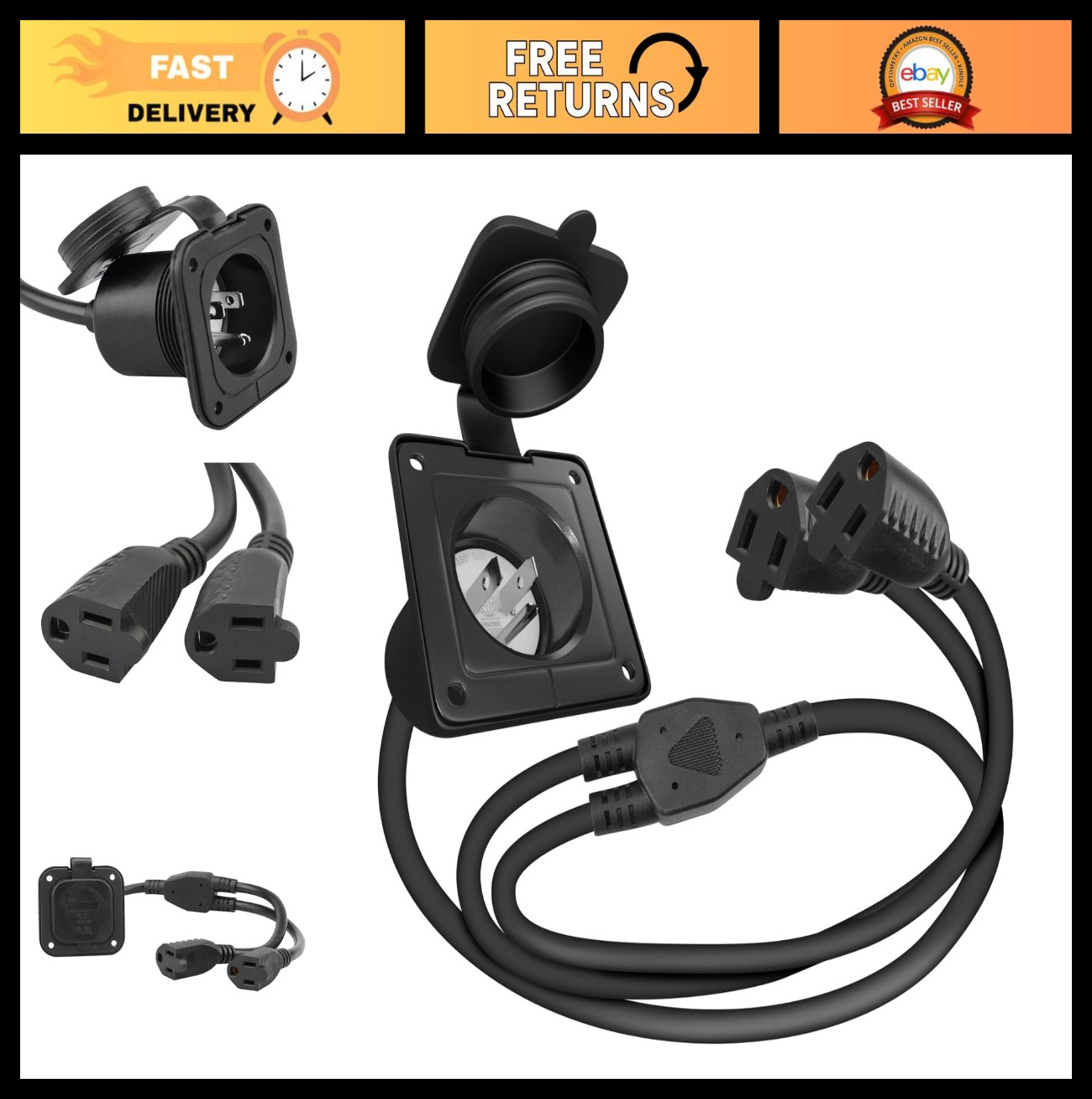 15 Amp Shore Power Inlet RV Plug NEMA 5-15P 125V AC with Dual 18″ Cords & Cover