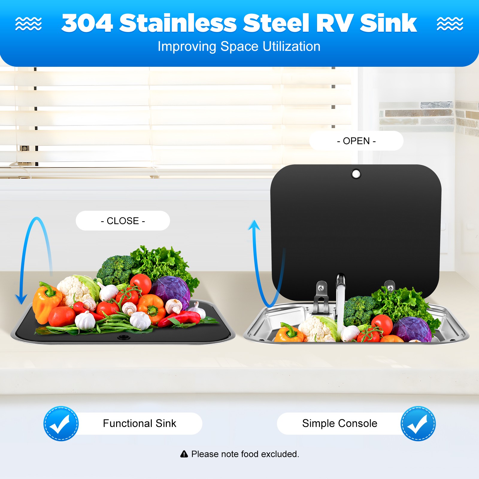 RV Caravan Camper Stainless Steel Hand Wash Basin Kitchen Sink w/ Lid+Faucet Kit