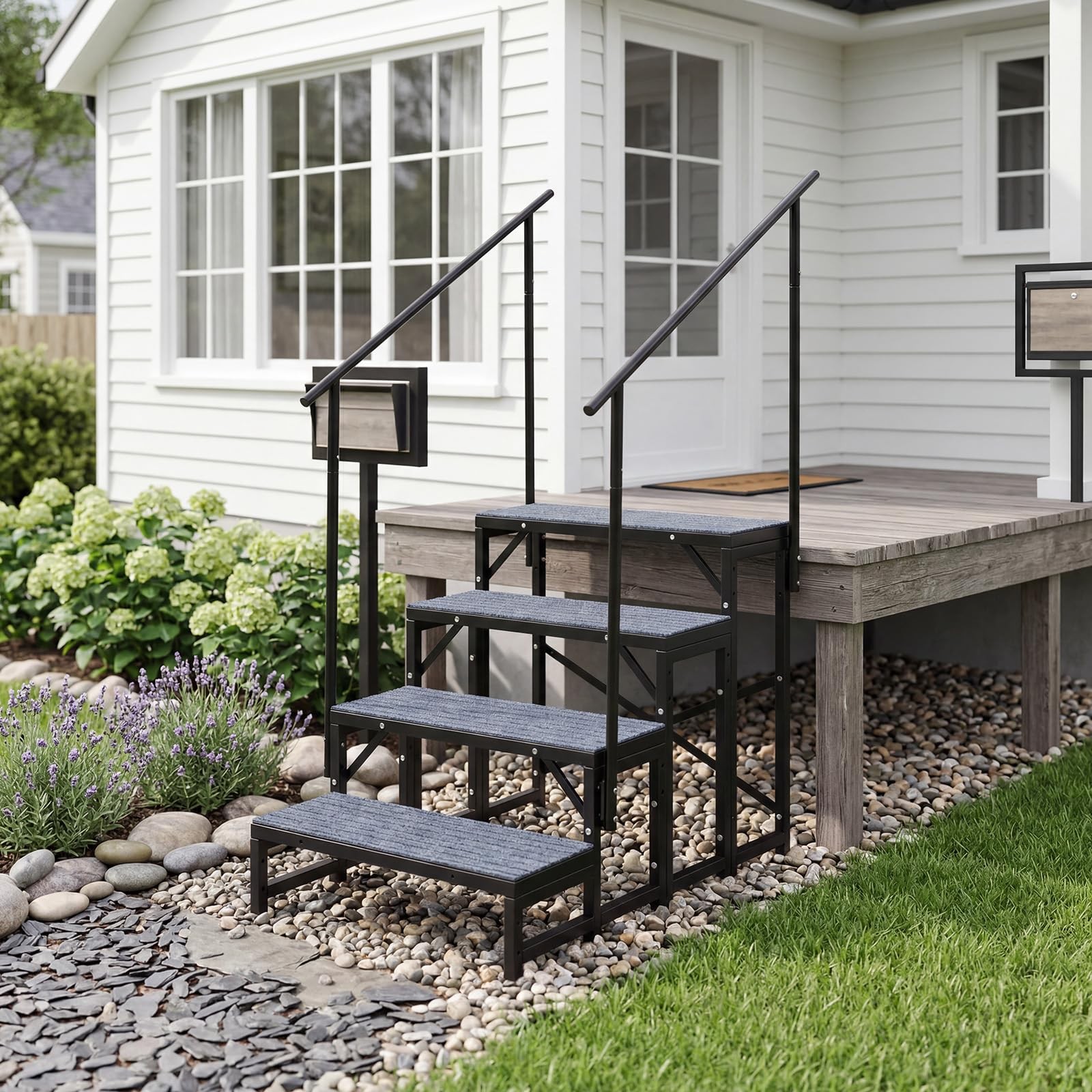 RV 4 Steps With Handrail Mobile Home Ladder Portable Stairs for RV,Hot Tub,Porch