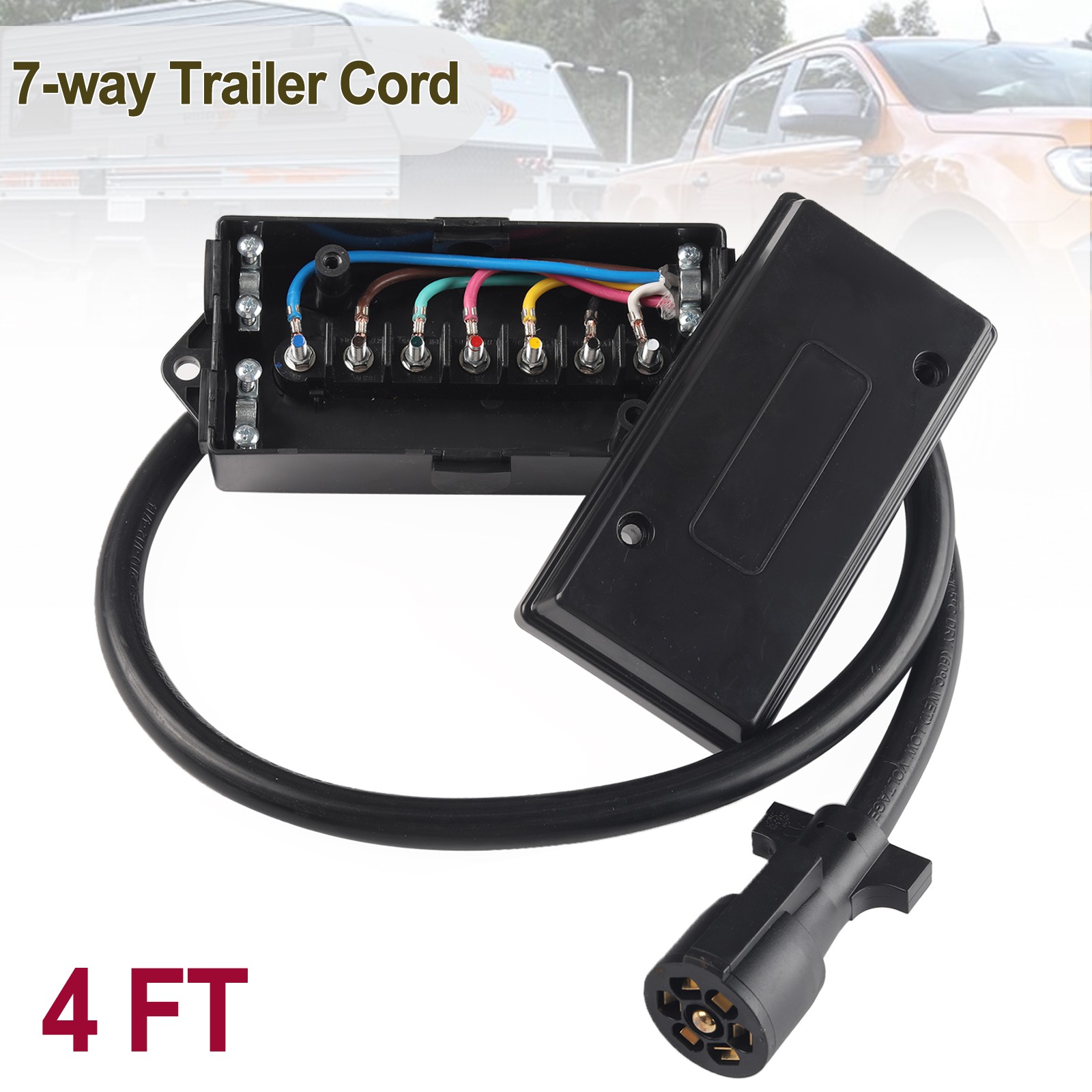 4ft 7 Way Plug Inline Pre-Wired Trailer Cord RV Junction Box-Inline Harness Kit