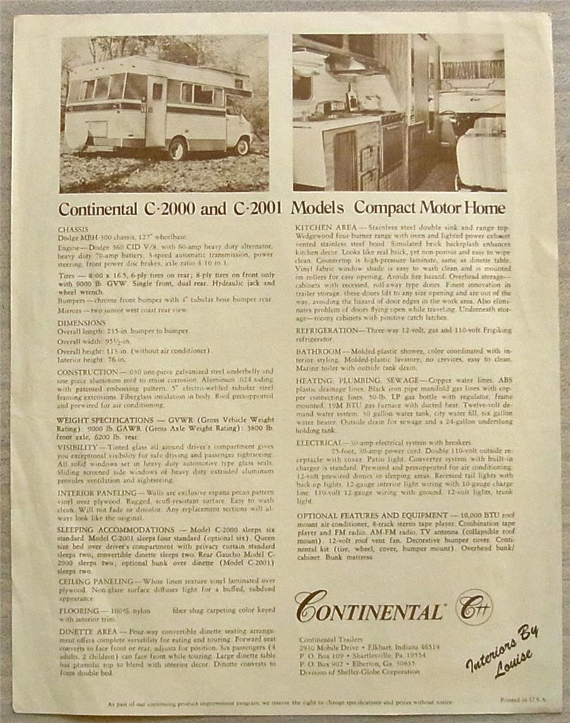 DODGE MBH Based CONTINENTAL C2000 & C2001 MOTORHOME USA Sales Leaflet