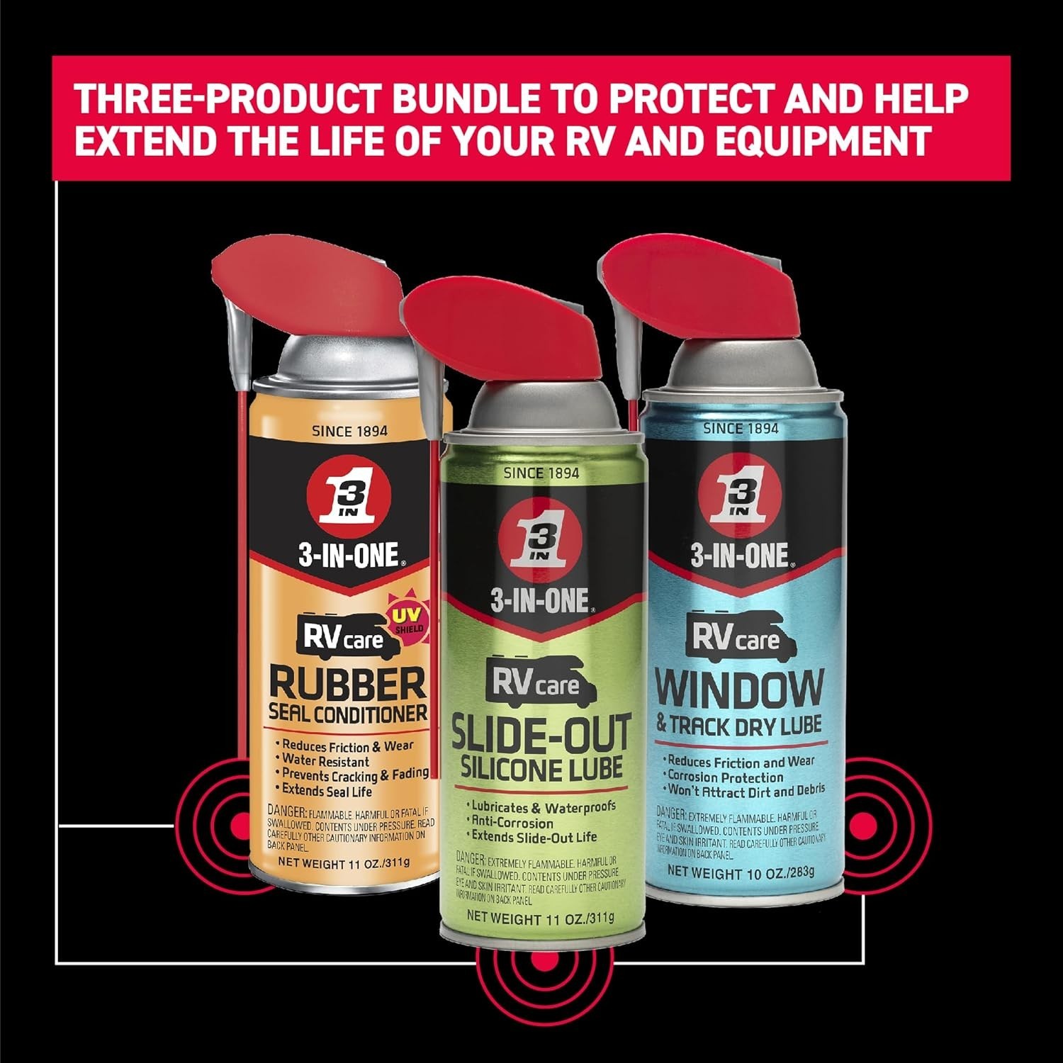 RV Care Trio Pack: Slide Out Lube, Window Track Lube & Rubber Seal Conditioner
