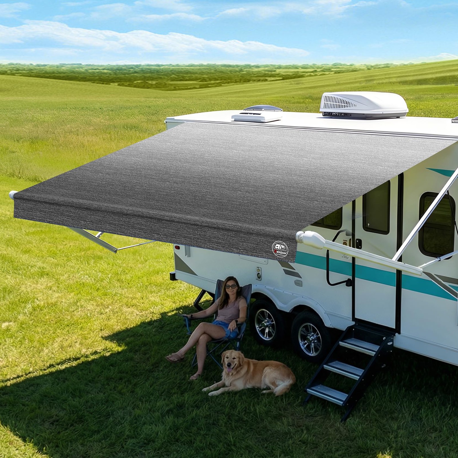 RV Awning Fabric Replacement 14FT Heavy Duty Waterproof Charcoal Fade 19.5oz