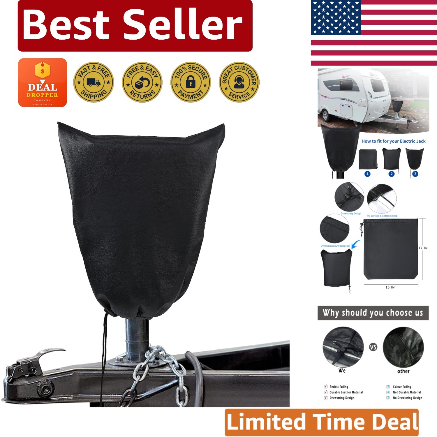 Adjustable Black RV Electric Tongue Jack Cover – 17″ Height for Universal Fit