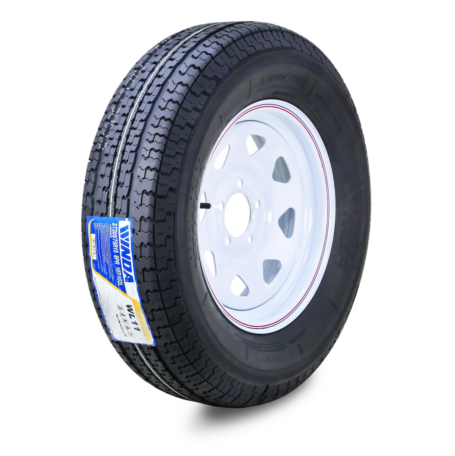 WINDA Trailer Tire Rim ST205/75R15 8-Ply D 107M 5 Lug on 5″ PCD White Spoke Rim