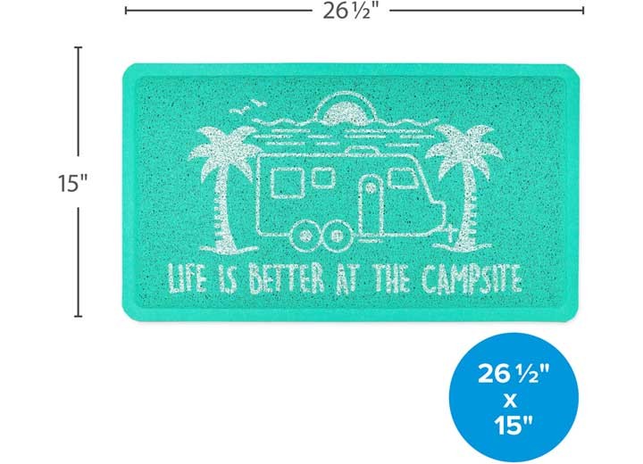 Camco 53447 Life Is Better At The Campsite Scrub Rug, Teal Trailer, 26.5″x15″