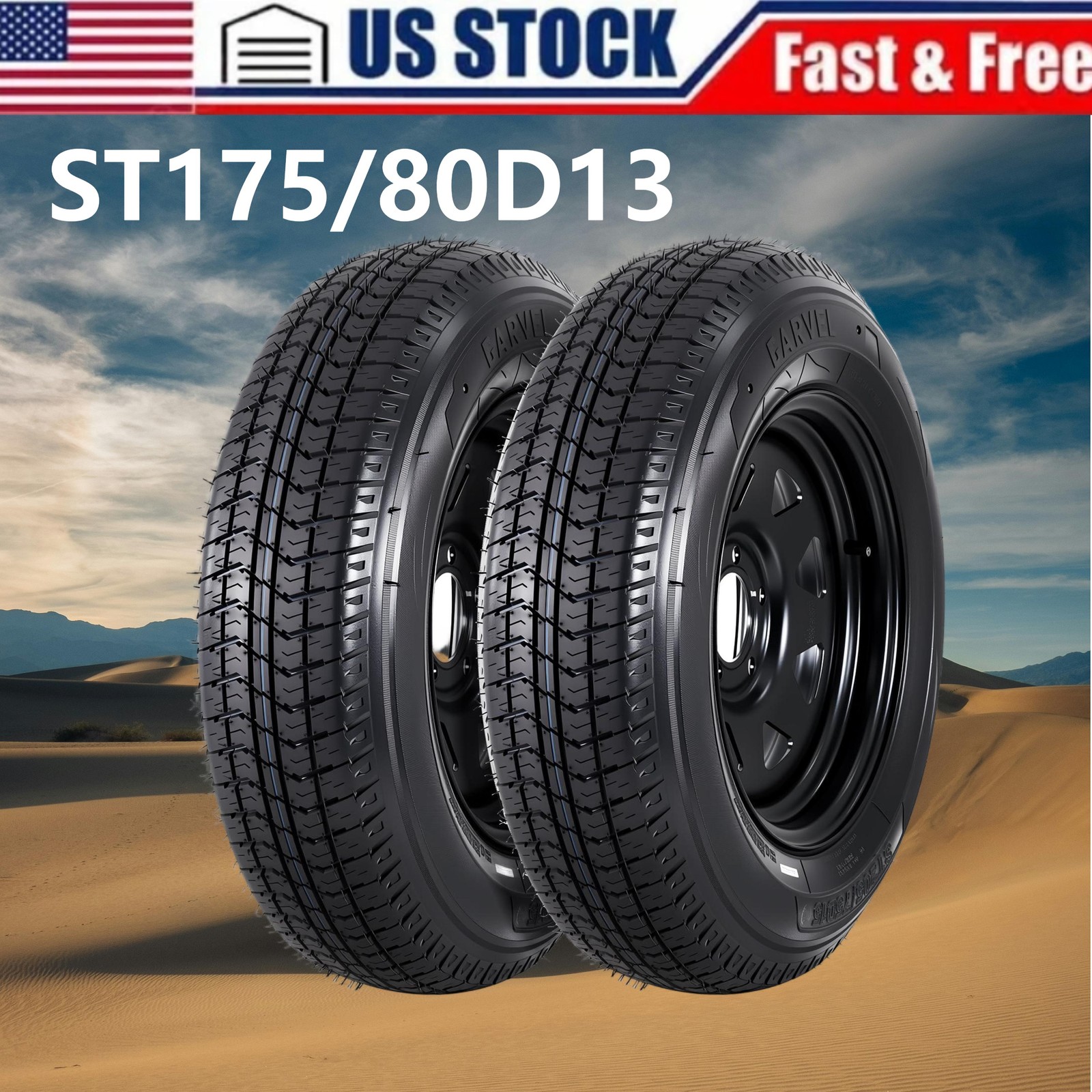 🔝SET 2 ST175/80D13 175 80 13 Trailer Tire & Wheel Black Spoke 6PR 5 Lug on 4.5″