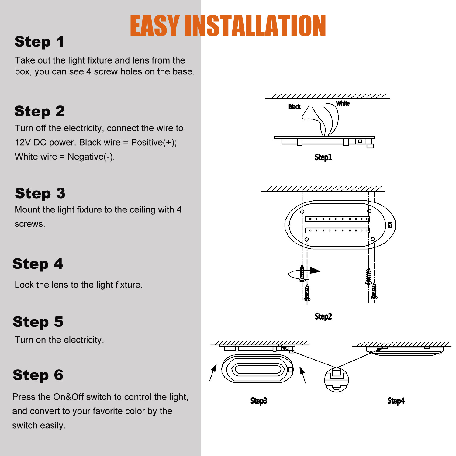 Facon 12V 2-Color LED RV Pancake Ceiling Dome Interior Light for Camper Trailer