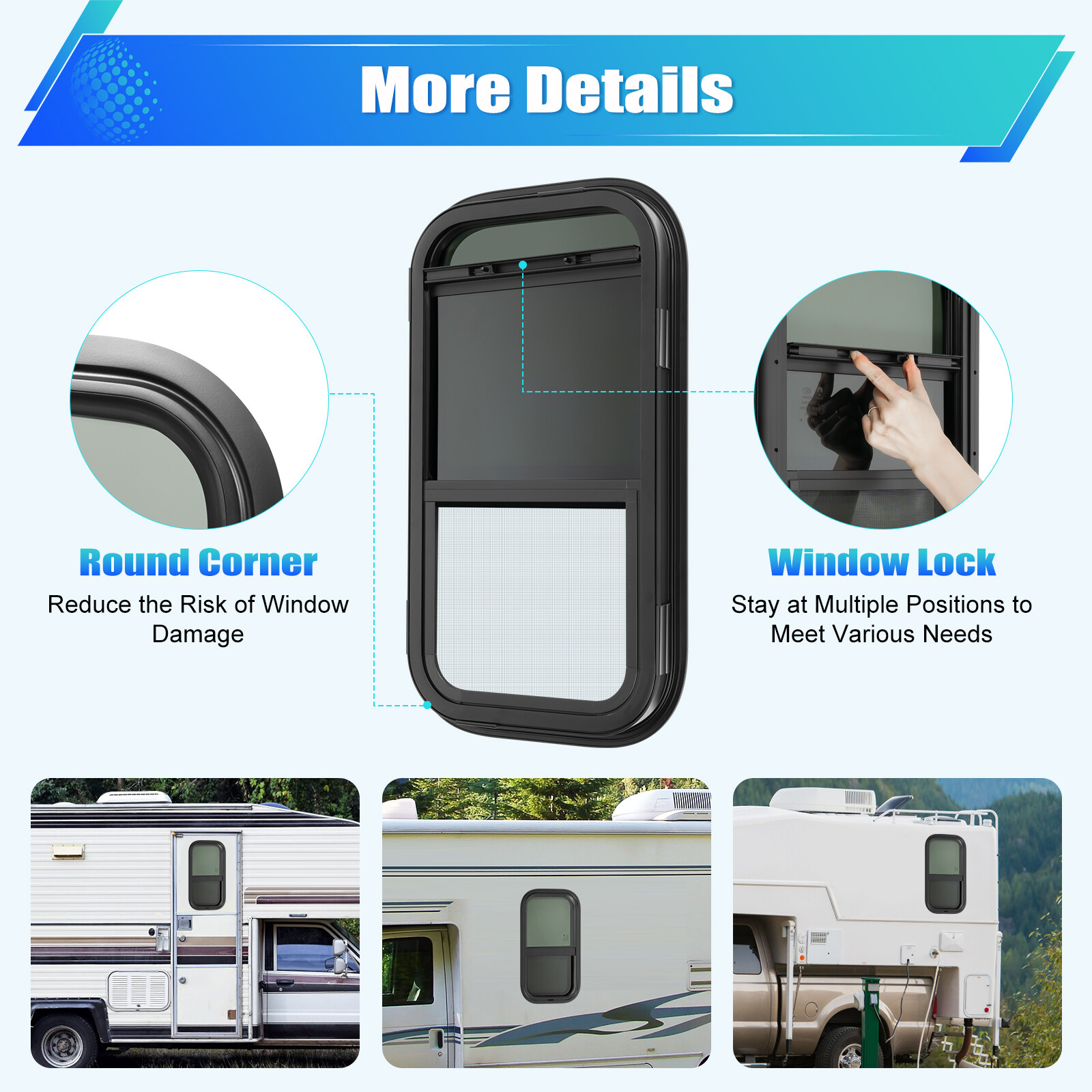 12”x22” RV Camper Window Cargo Vertical Trailer Black Window w/Trim Ring Black