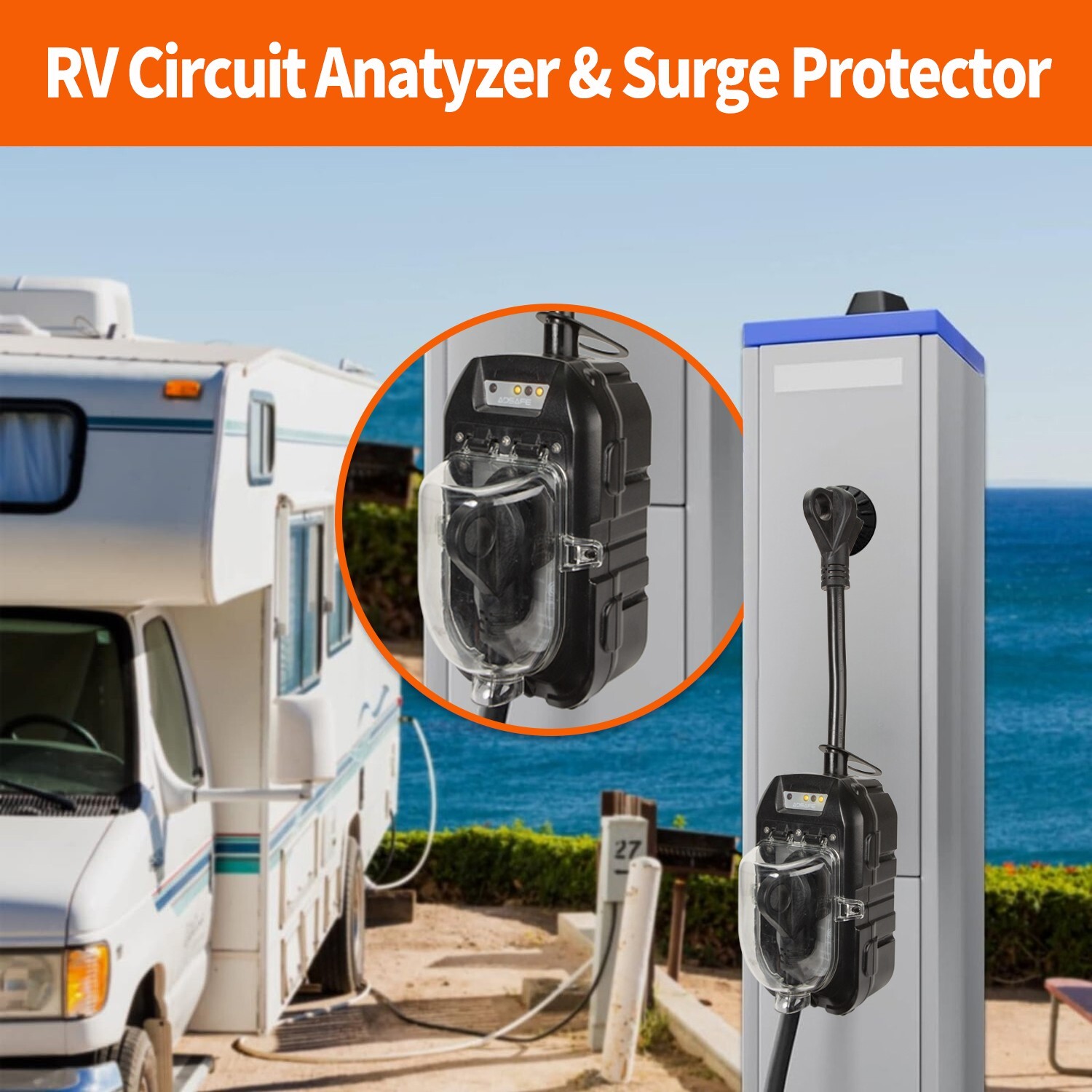 ADSAFE RV Surge Protector 30 Amp with Waterproof Cover and Grip Handles
