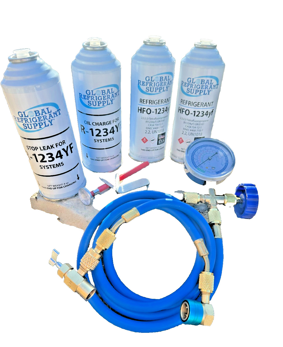 R1234yf, (2) 8 oz Cans, Oil, Stop Leak, Gauge Hose Professional Recharge Kit