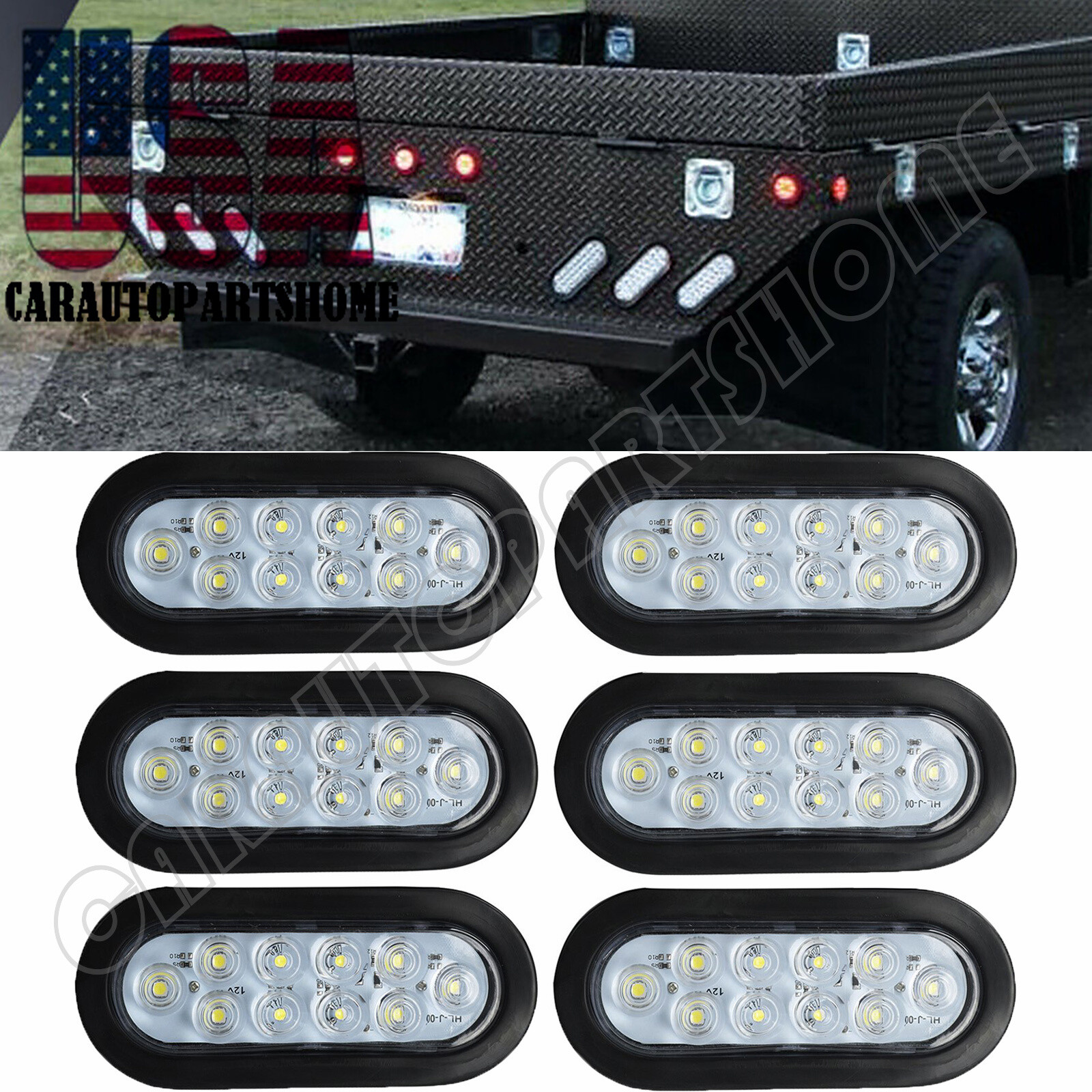 (6) 6″ Oval Clear/White 10 LED Reverse Back Up Light Flush Mount Trailer Truck