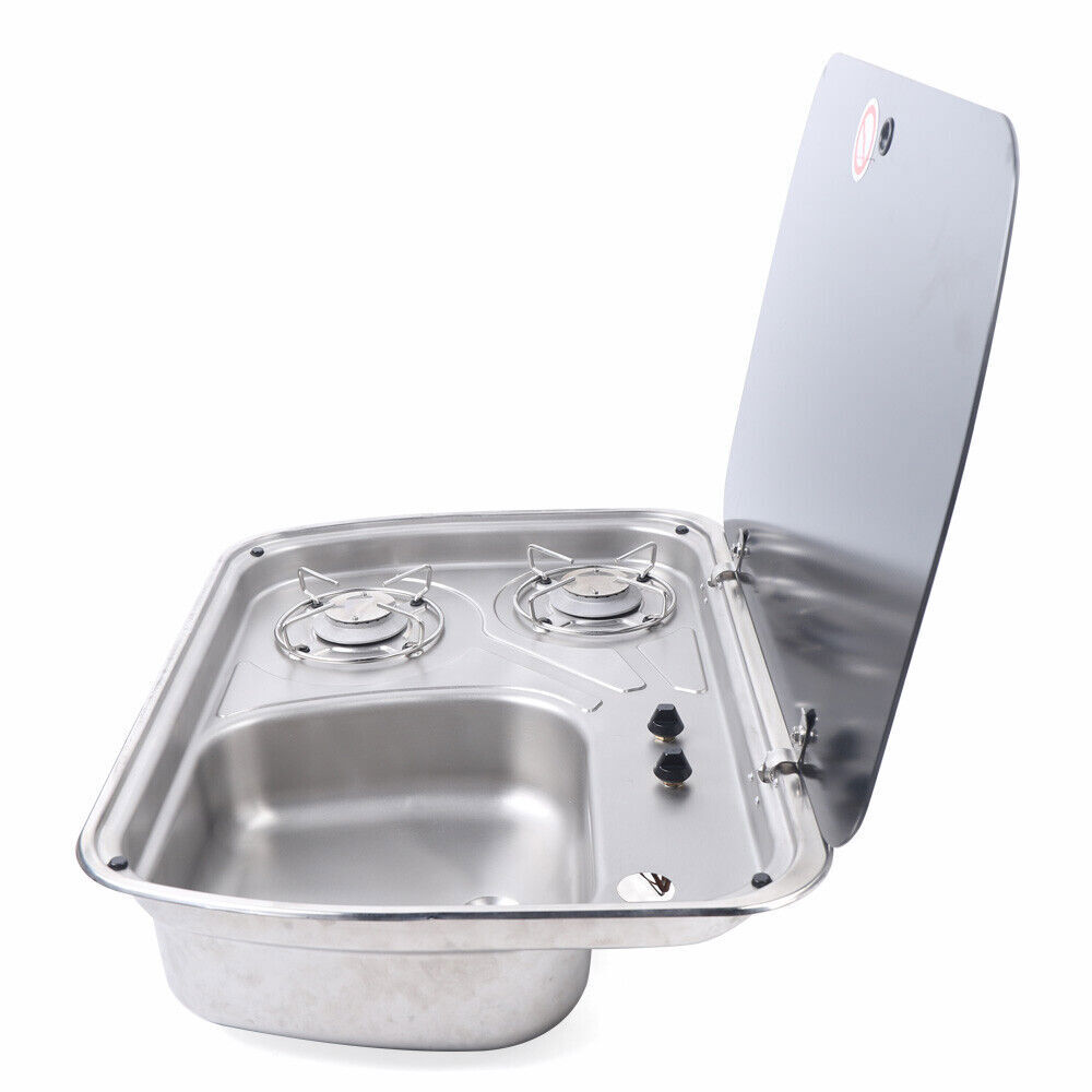 Boat Caravan RV Camper Gas Stove Hob 2 Burner LPG Sink Combo Cooktop w/Glass Lid