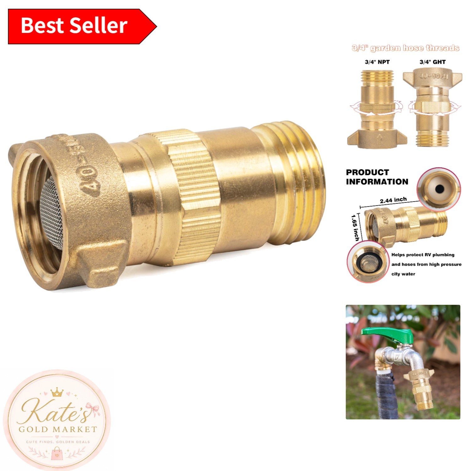 Brass RV Water Pressure Regulator with Filter Screen – 40-50 PSI Safety Solution