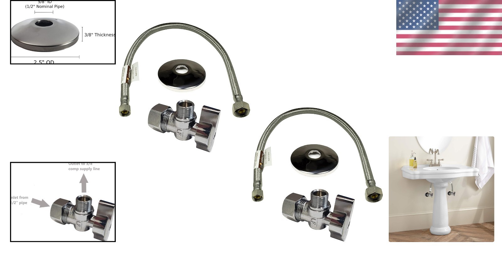 Faucet Shut-Off Valve & Supply Line Set – 20” Stainless Steel, 2 Pack for Homes