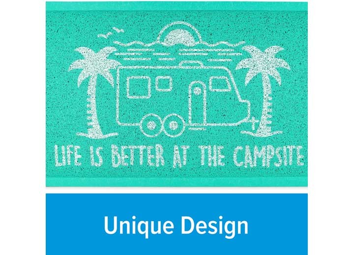 Camco 53447 Life Is Better At The Campsite Scrub Rug, Teal Trailer, 26.5″x15″