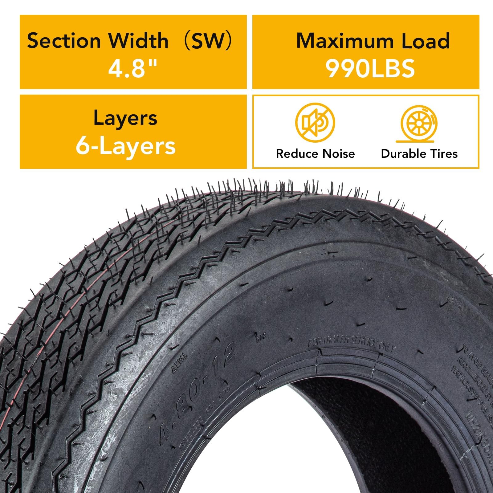 All-Season 4.80-12 Set of 2 Radial Trailer Tires 6PR Load Range C Fit 12″ Rims