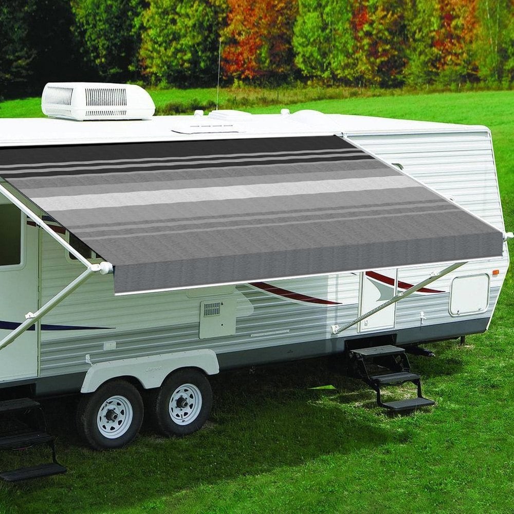 Vinyl Fabric for RV Patio Awnings 17’W x 8’Ext. Black & Gray Dune Stripe