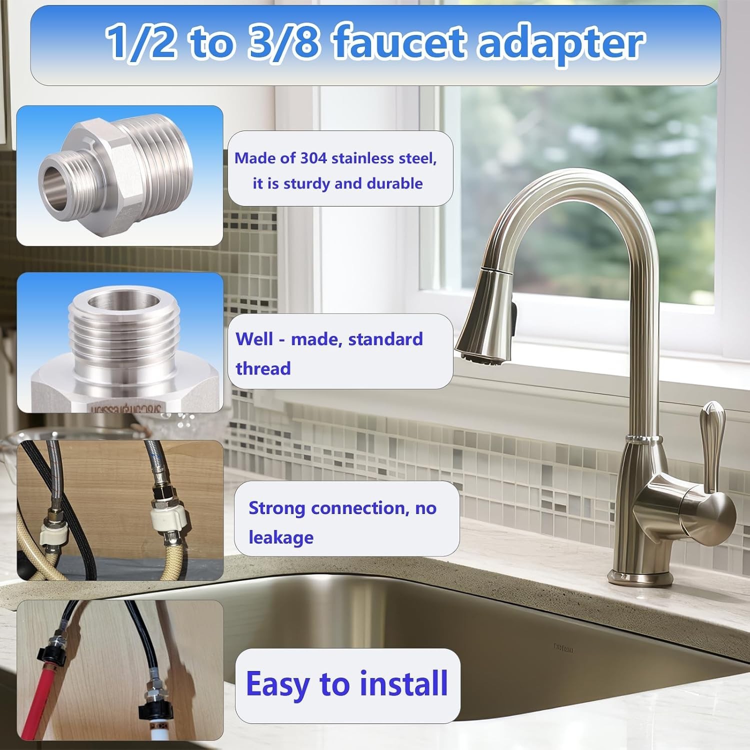 Lead-Free 304 RV Faucet Adapter Set – 1/2″ to 3/8″ Reducer (Set of 2)