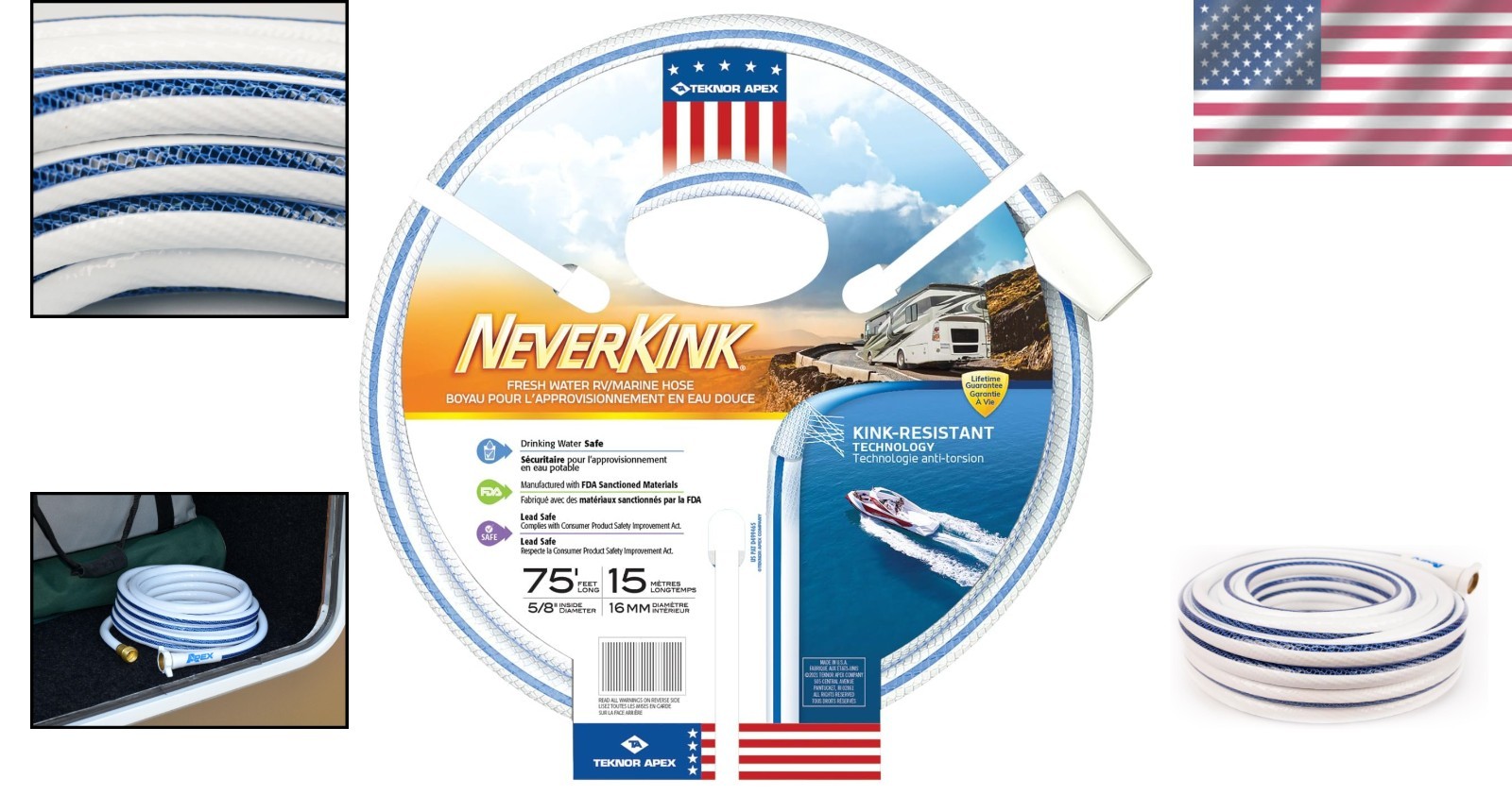 Durable 5/8″ x 75′ White RV Marine Hose NeverKink Patented Tech Leak-Proof