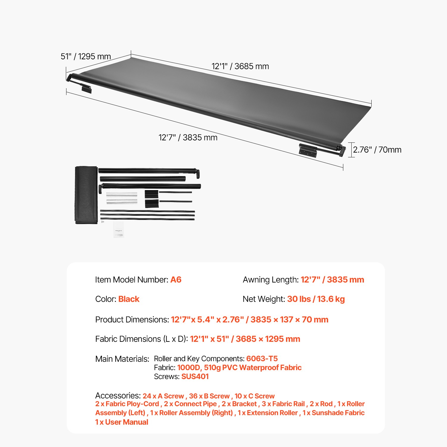 Uimoso 1″ to 12′ Black RV Slide Topper Awning Fabric Replacement