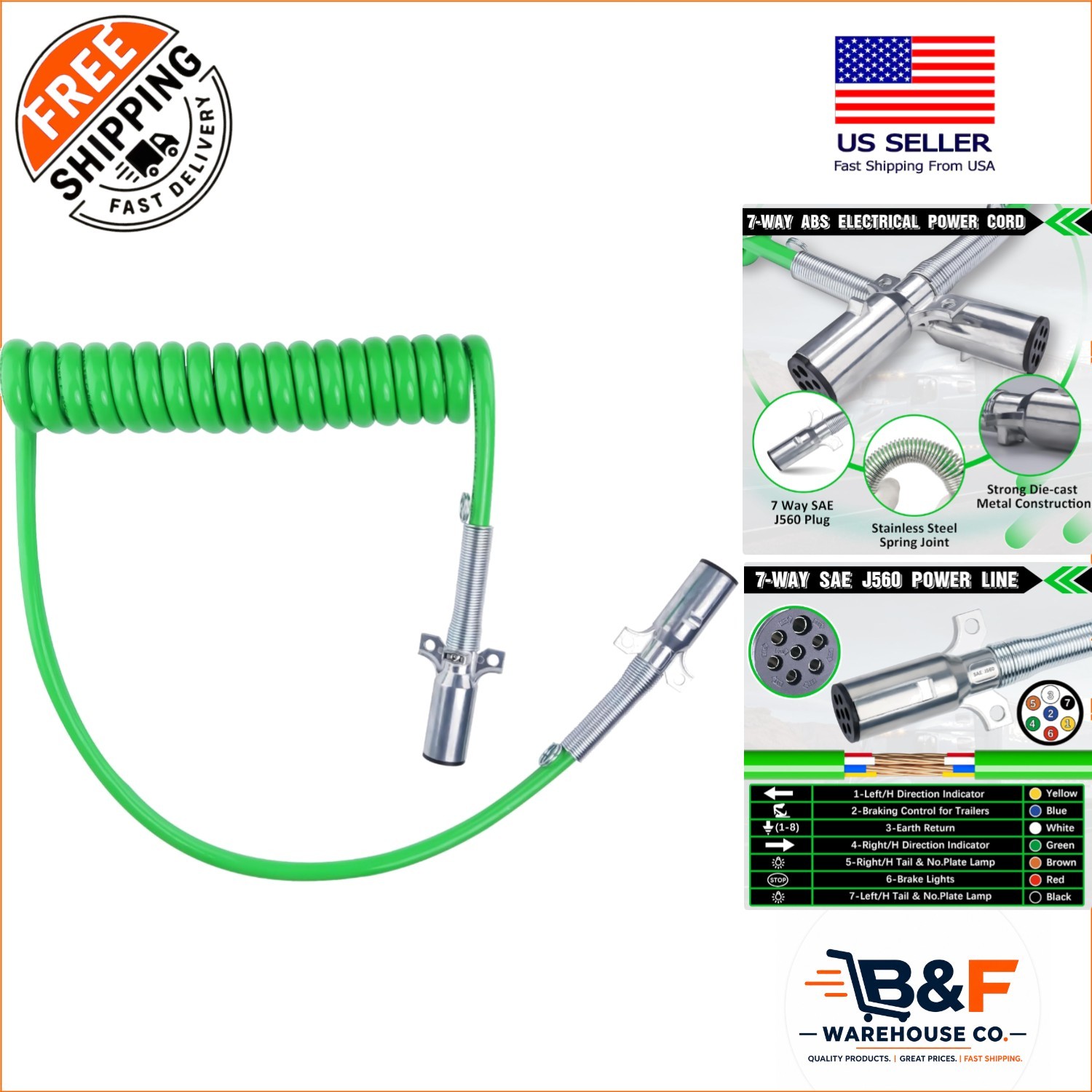 15 FT Heavy Duty 7-Way Coiled Electrical Power Cord for Trucks & Trailers
