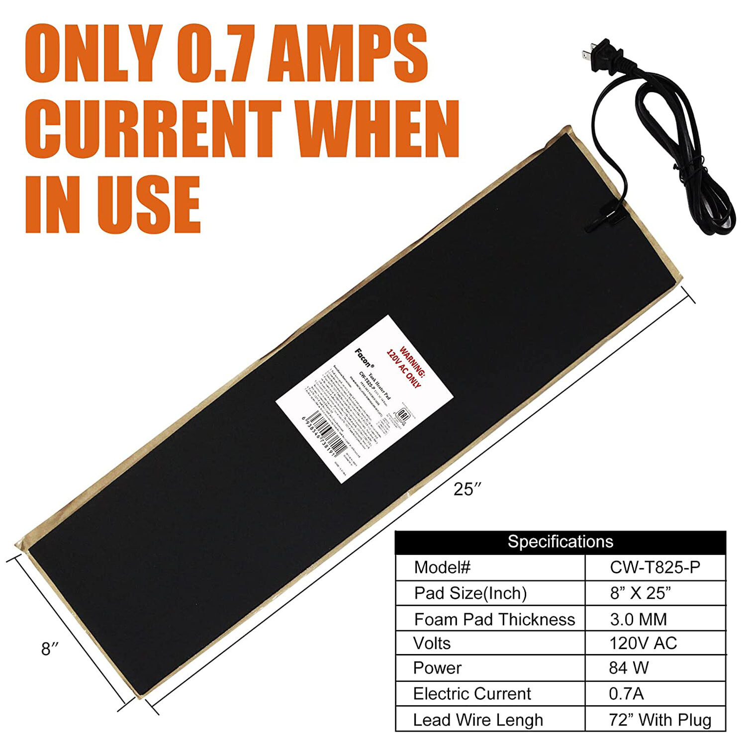 Facon 8″ x 25″ 120 Volts AC Water Tank Heater Pad with Automatic Thermostat