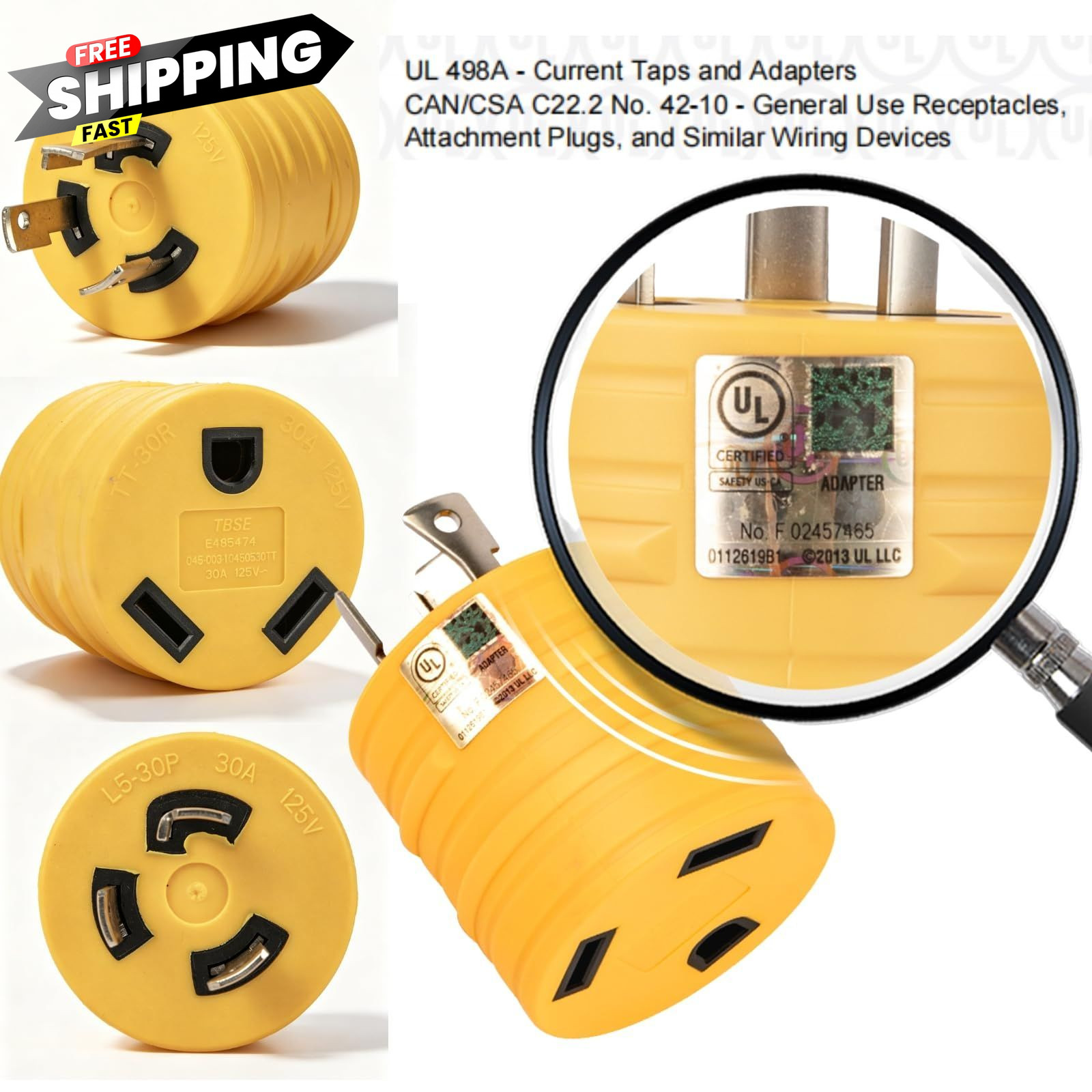 MECMO NEMA L5-30P to TT-30R 30 Amp RV Adapter UL Listed, Portable Yellow