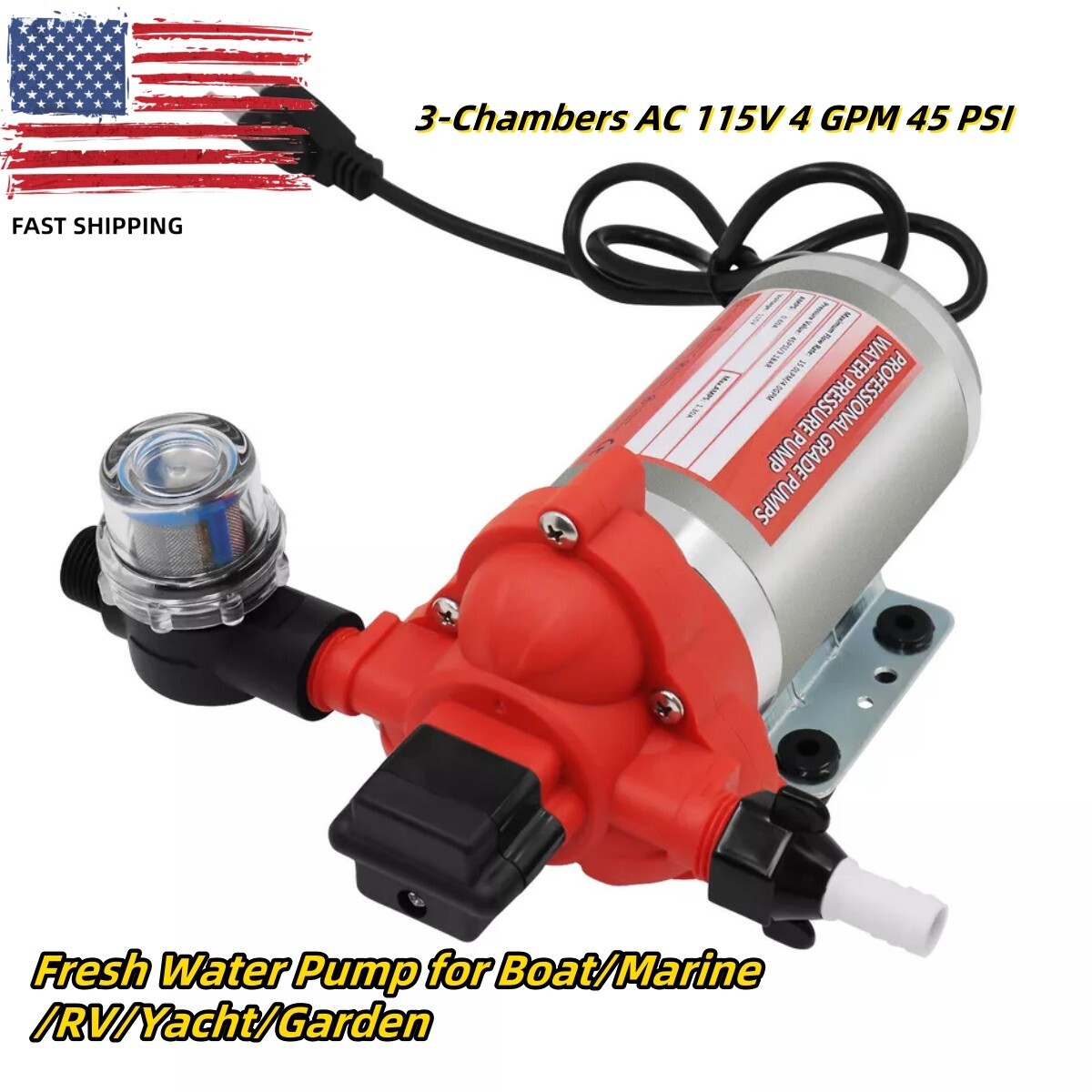 For RV Marine Kitchen 115V Water Diaphragm Pump 45 PSI 4 GPM Self-Priming Pump
