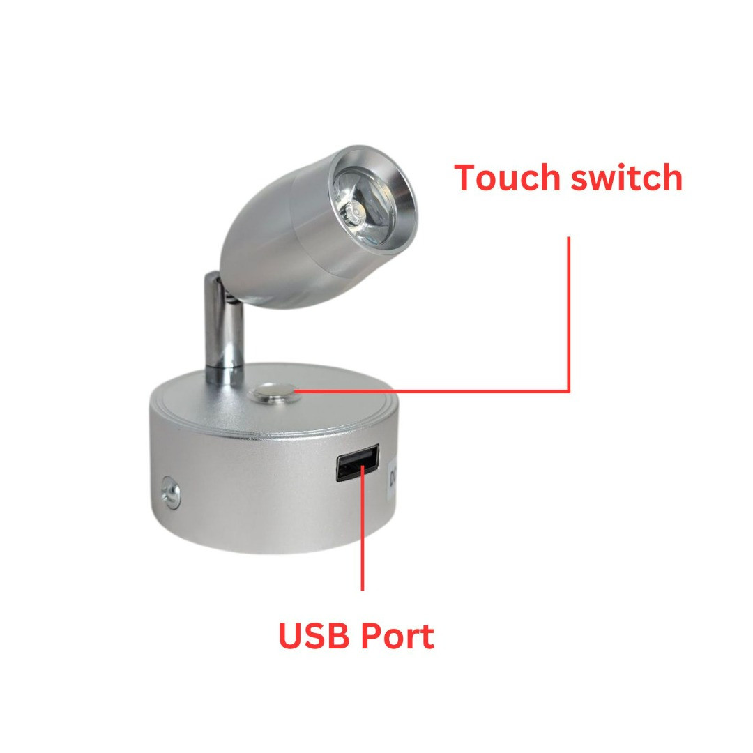 12V LED Reading Light Touch Dimmable Spotlight USB Caravan Campervan Boat 3W Lam