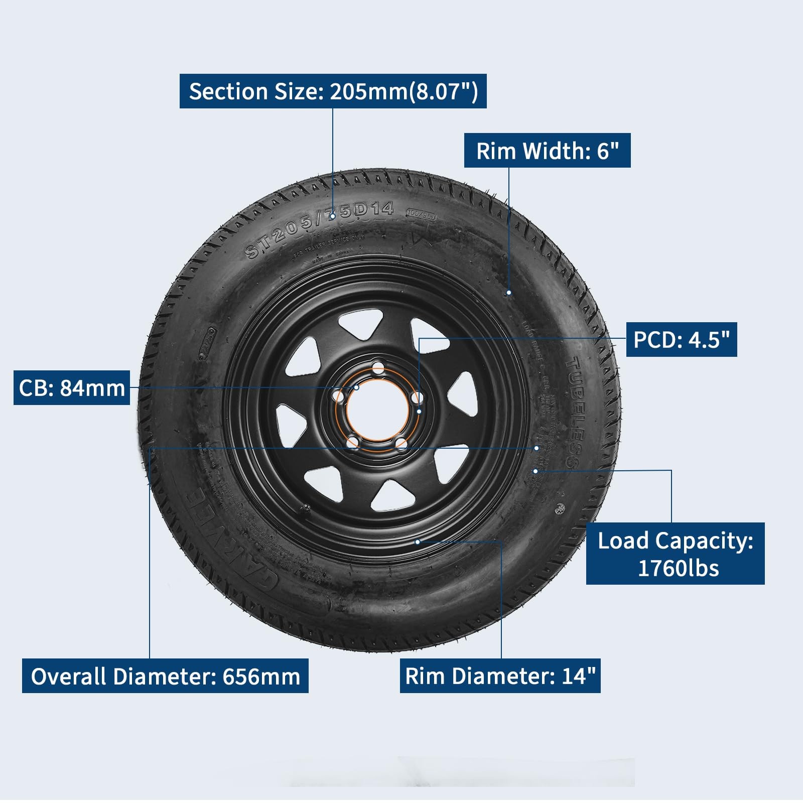 4 Pack ST205/75D14 Trailer Tires on Rims 205/75 14 in. 5 Lug Black Spoke Wheels