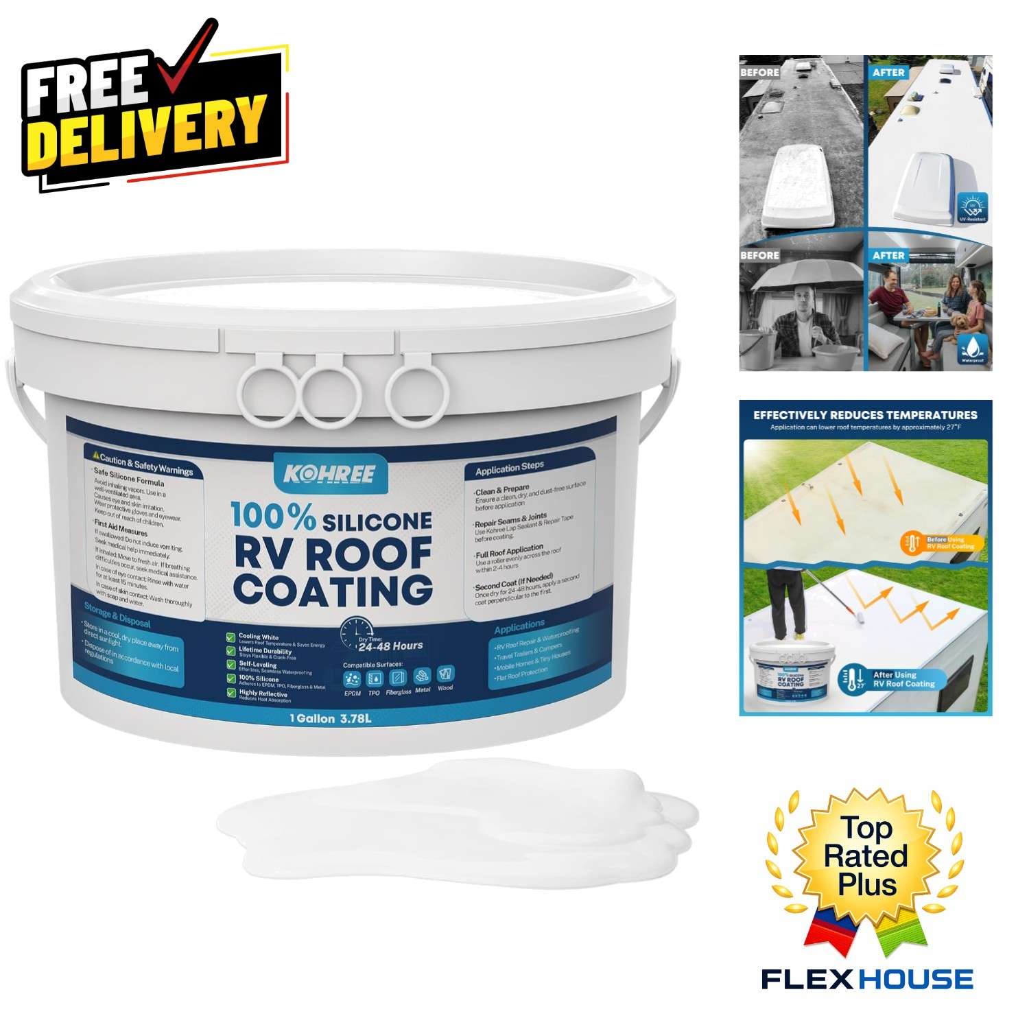 100% Silicone RV Roof Sealant, Easy Application & Waterproof Protection 1 Gallon