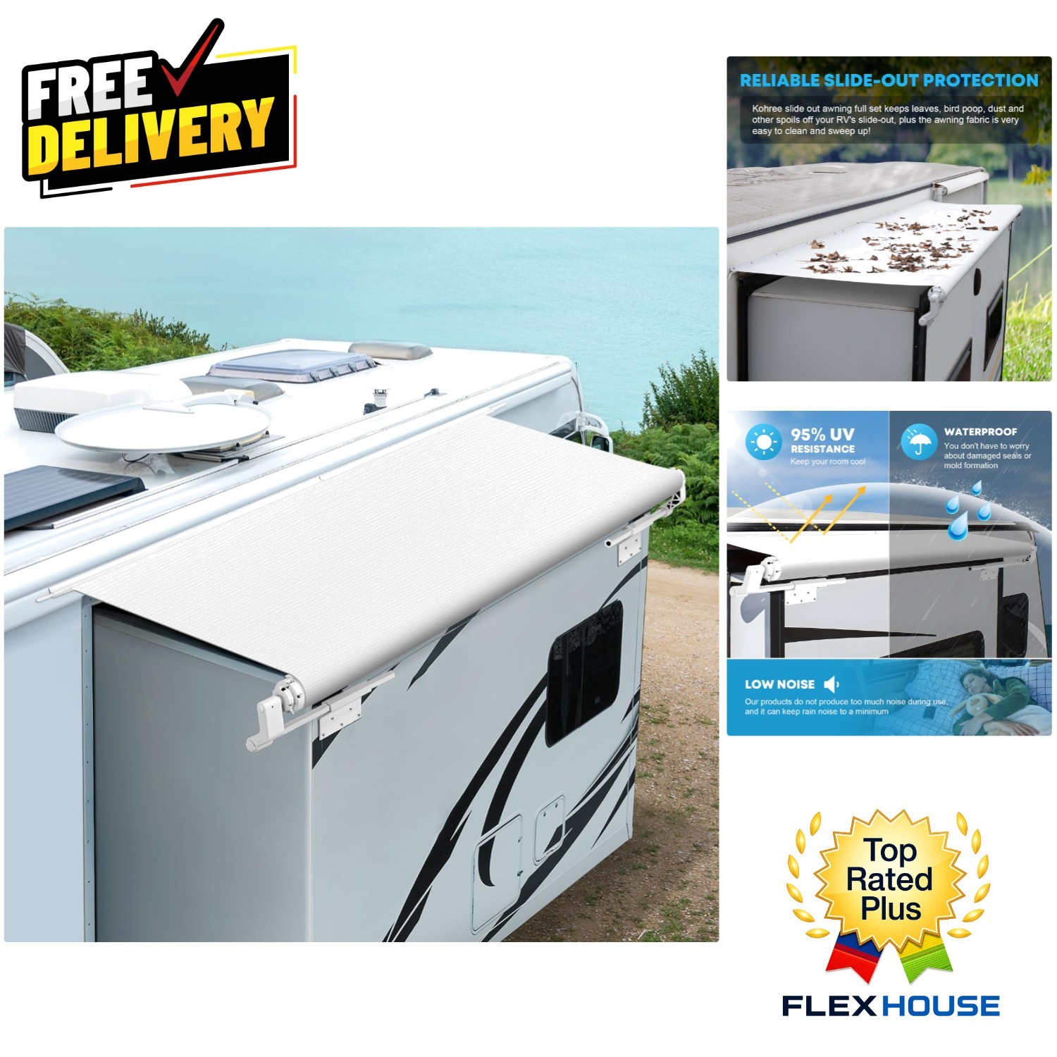 RV Slide Topper Awning Kit – Durable Protection for Travel Trailers, 7’9″ White